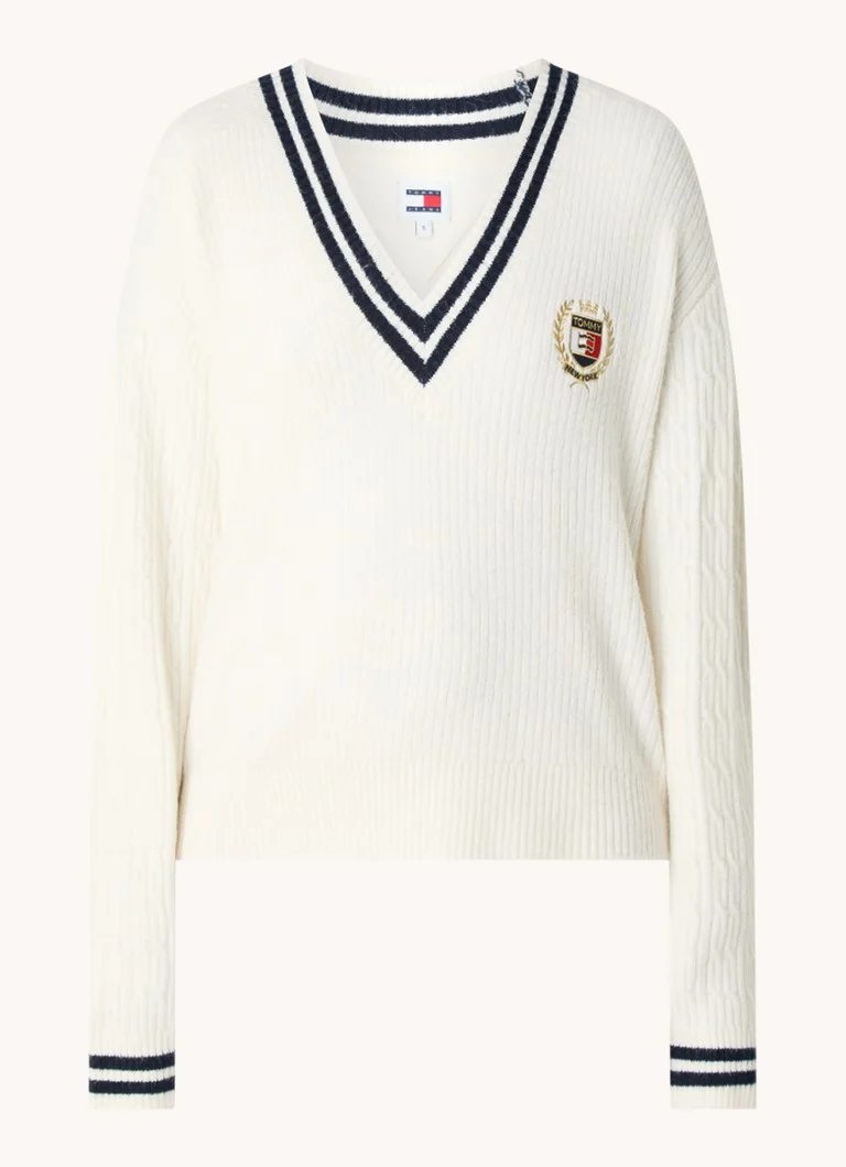 Tommy Hilfiger briaunotas megztinis su V formos iškirpte ir logotipu