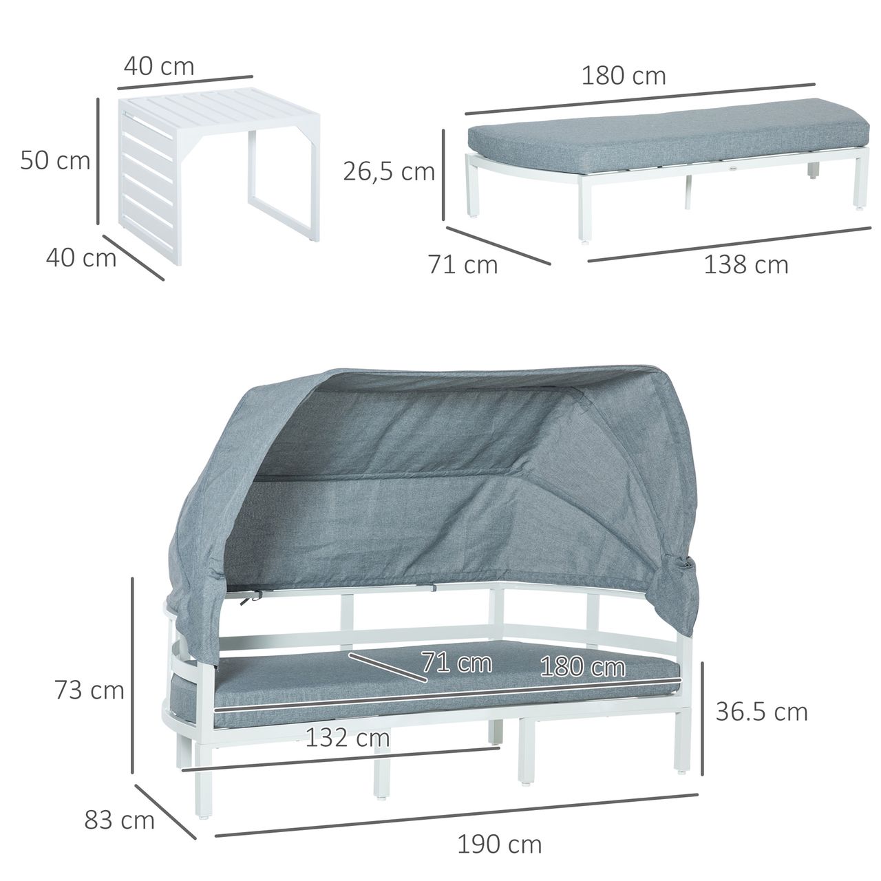 Outsunny 4-teiliges Gartenmöbel-Set mit Beistelltisch Dach Bank Balkonmöbel Set Sofa mit Kissen Outdoor Aluminium Weiß Grau
