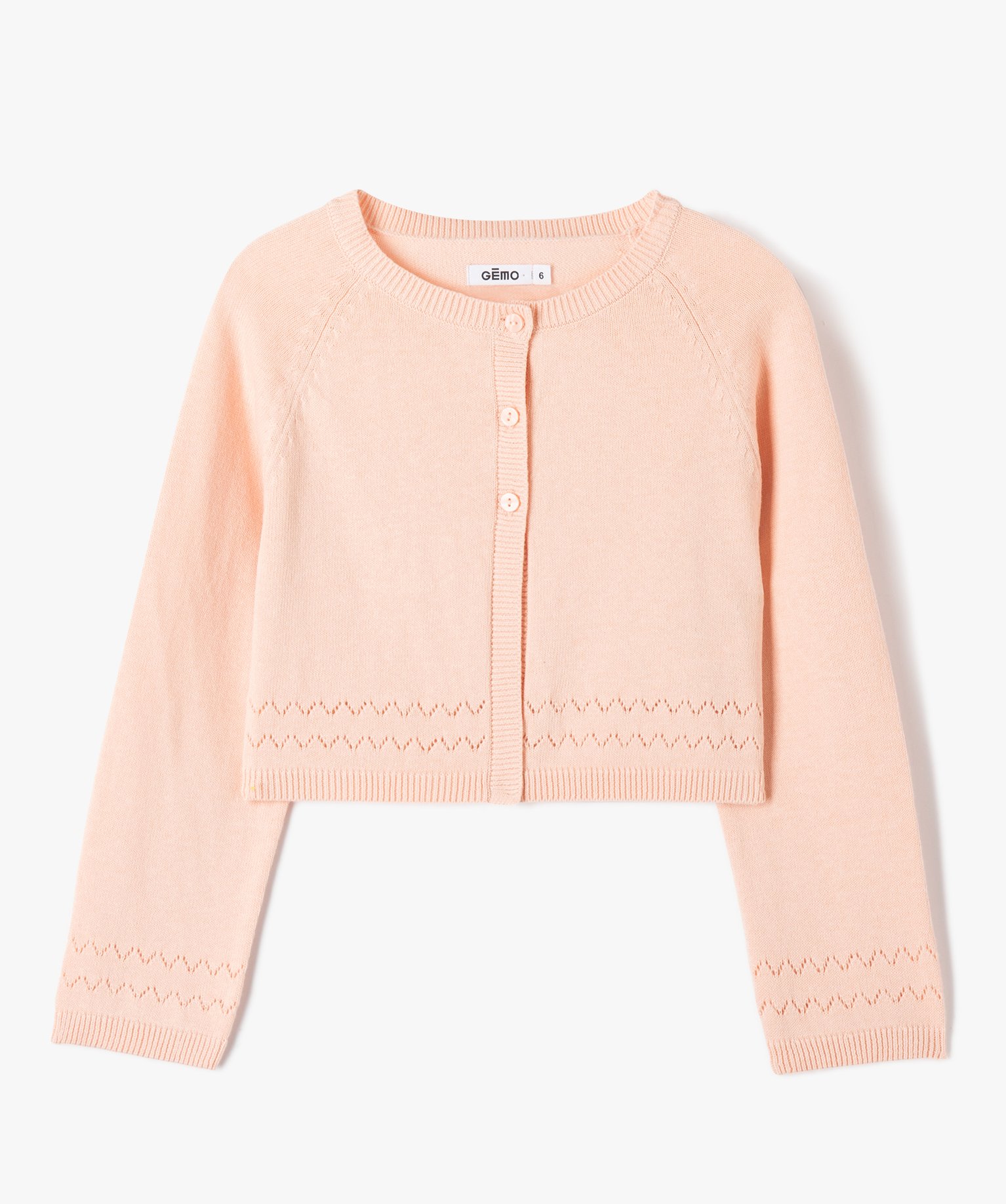 Gilet fille court en maille fine ajourée rose | GEMO