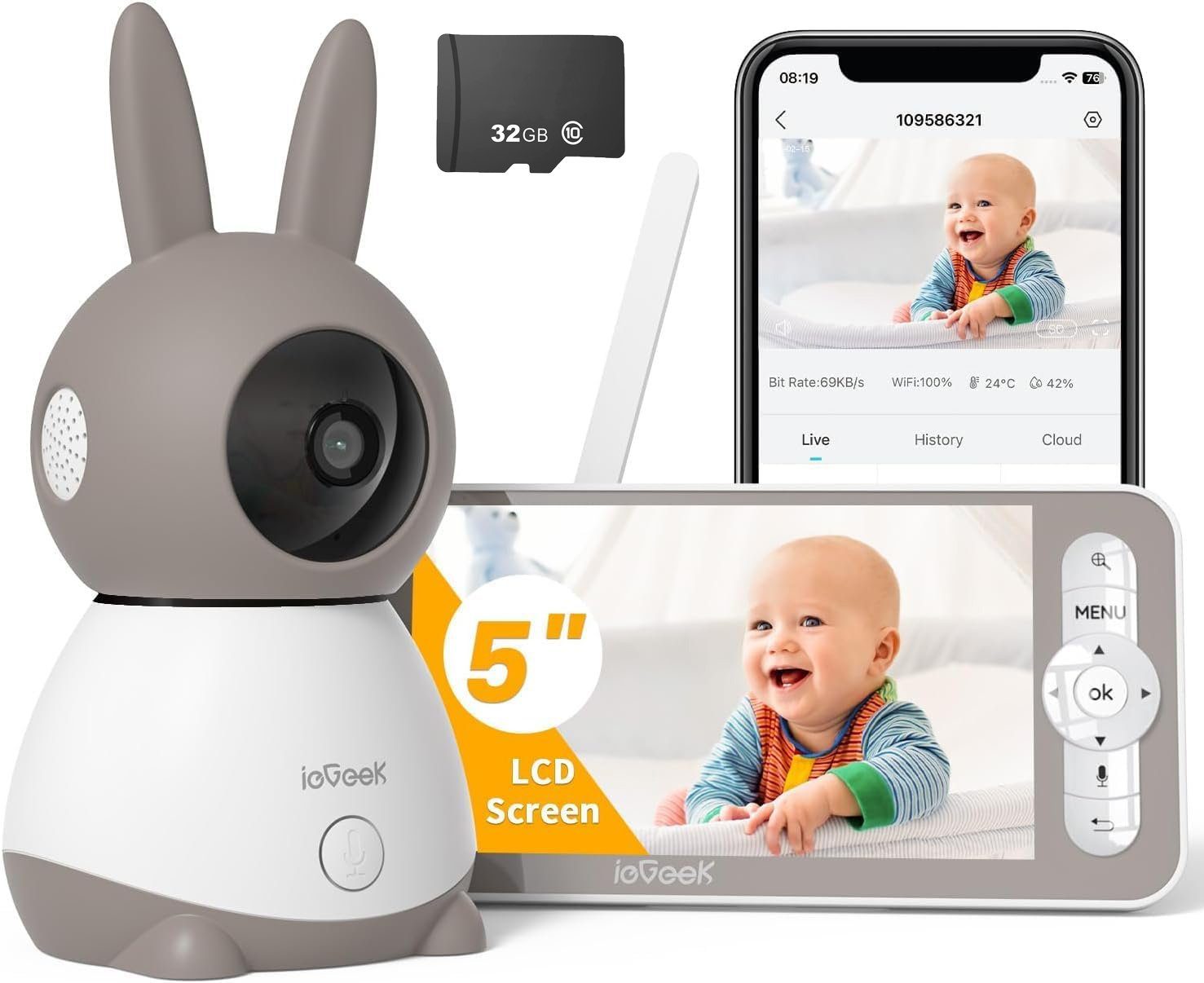 ieGeek Babyphone 5 Zoll 2K 3MP Babyphone mit Kamera 940nm Mit 32GB SD Karte, WLAN Video Babyfon PTZ 355°, IR-Nachtsicht, Automatische Verfolgung, 4-fache Zoomfunktion,Weinen/Bewegungs/Geräuscherkennung, Vorschau auf geteiltem Bildschirm,Zwei-Wege-Aud