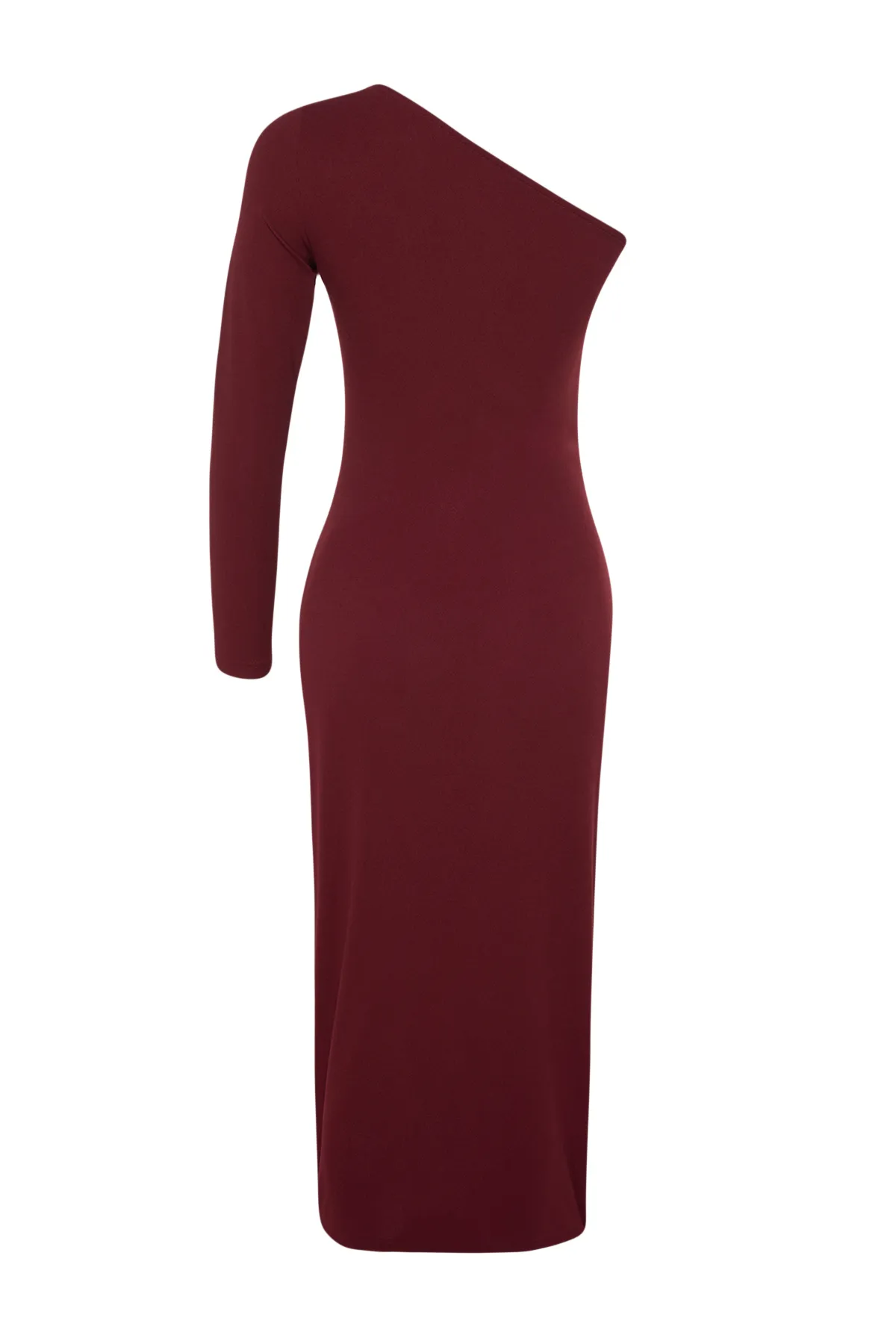 Trendyol Collection  Weinrotes Midi-Strickkleid mit asymmetrischem Ausschnitt und detailliertem Schlitz TWOAW24EL00623
