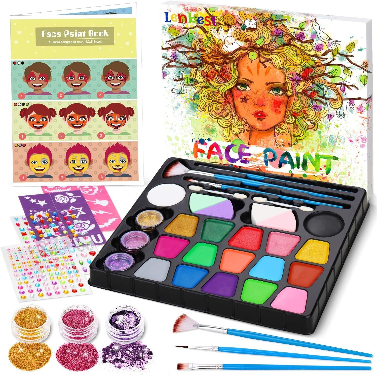 LENBEST Schmink-Set Kinderschminke Set, Kinder Schminkkoffer, Schminke Kinder 17 Farben Glitzer Pinsel Schablonen, Kinder Prinzessin Kosmetikset, Mädchen Rollenspiel Spielzeug