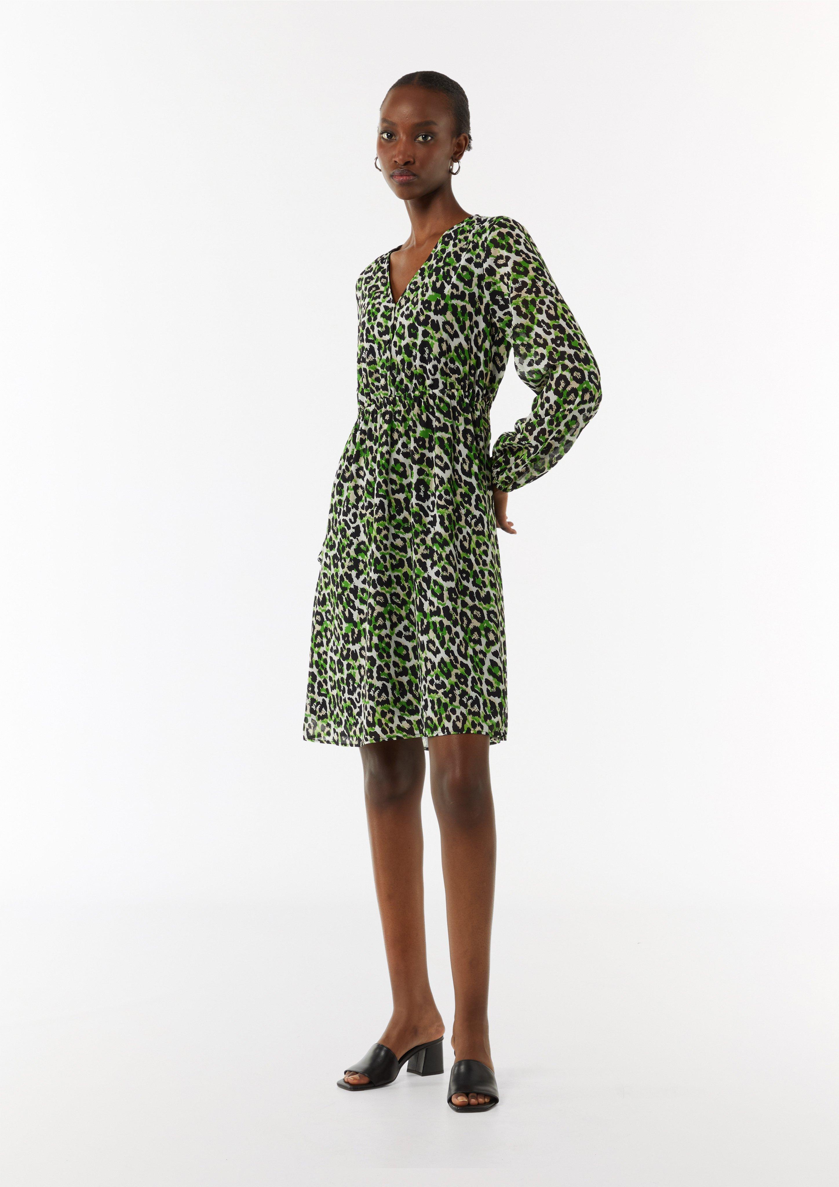 Kurzes Chiffon-Kleid mit Leo-Print und Knopfleiste - beige