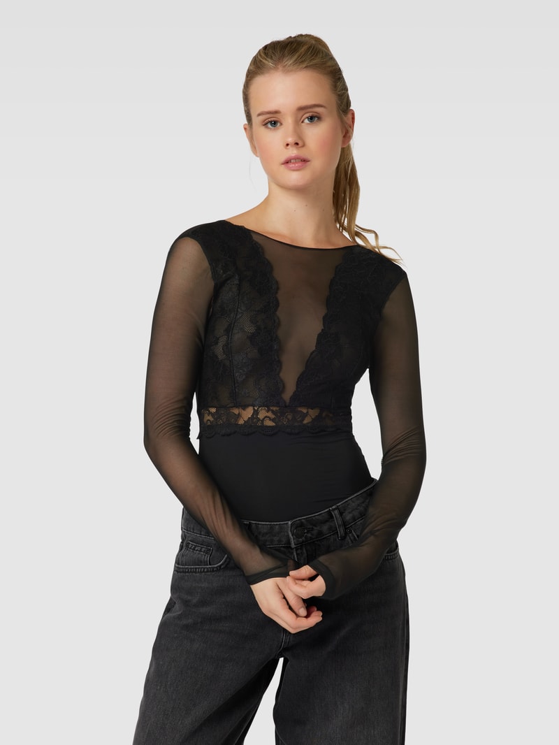 Body mit Spitzenbesatz Modell 'Sicca' in schwarz