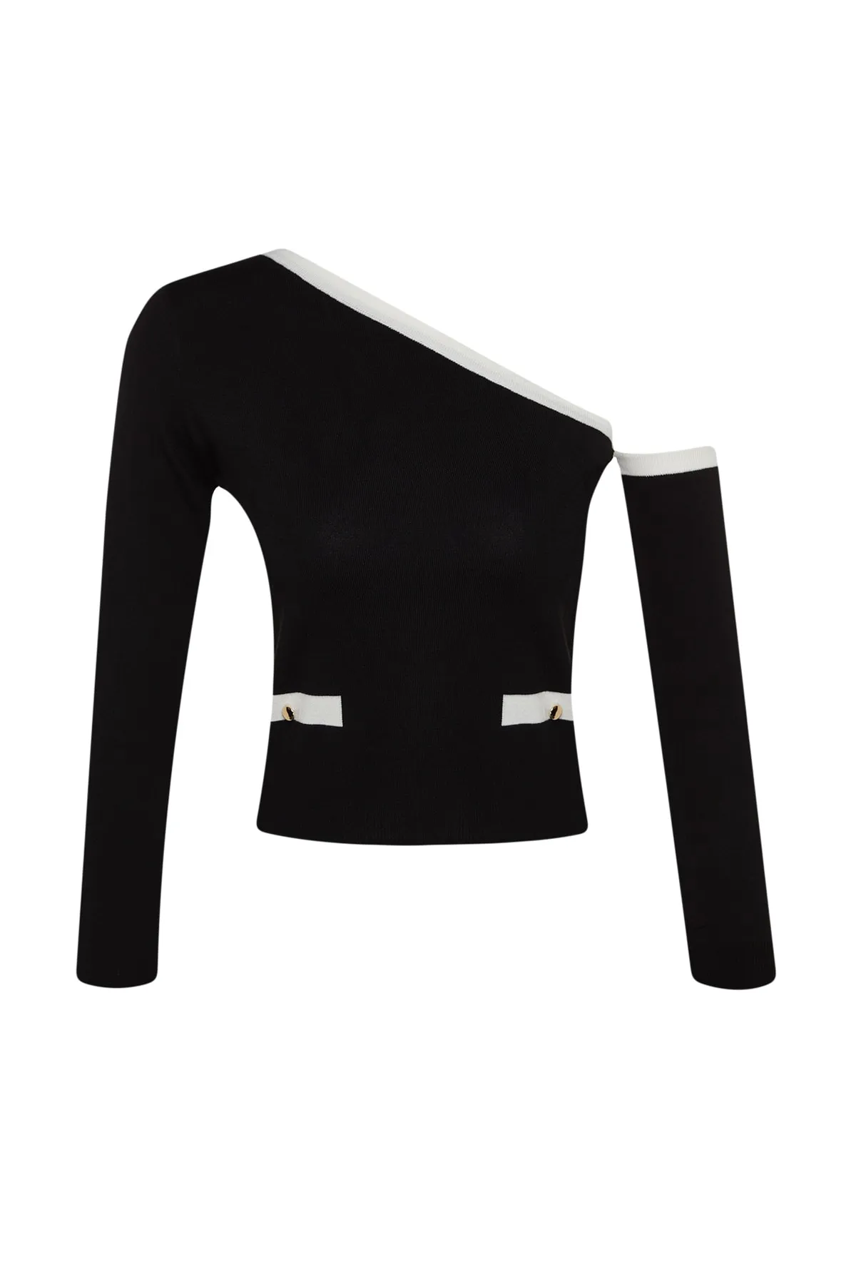 Trendyol Collection  Schwarzer kurzer Strickpullover mit abnehmbaren One-Shoulder-Ärmeln TWOAW24KZ01148
