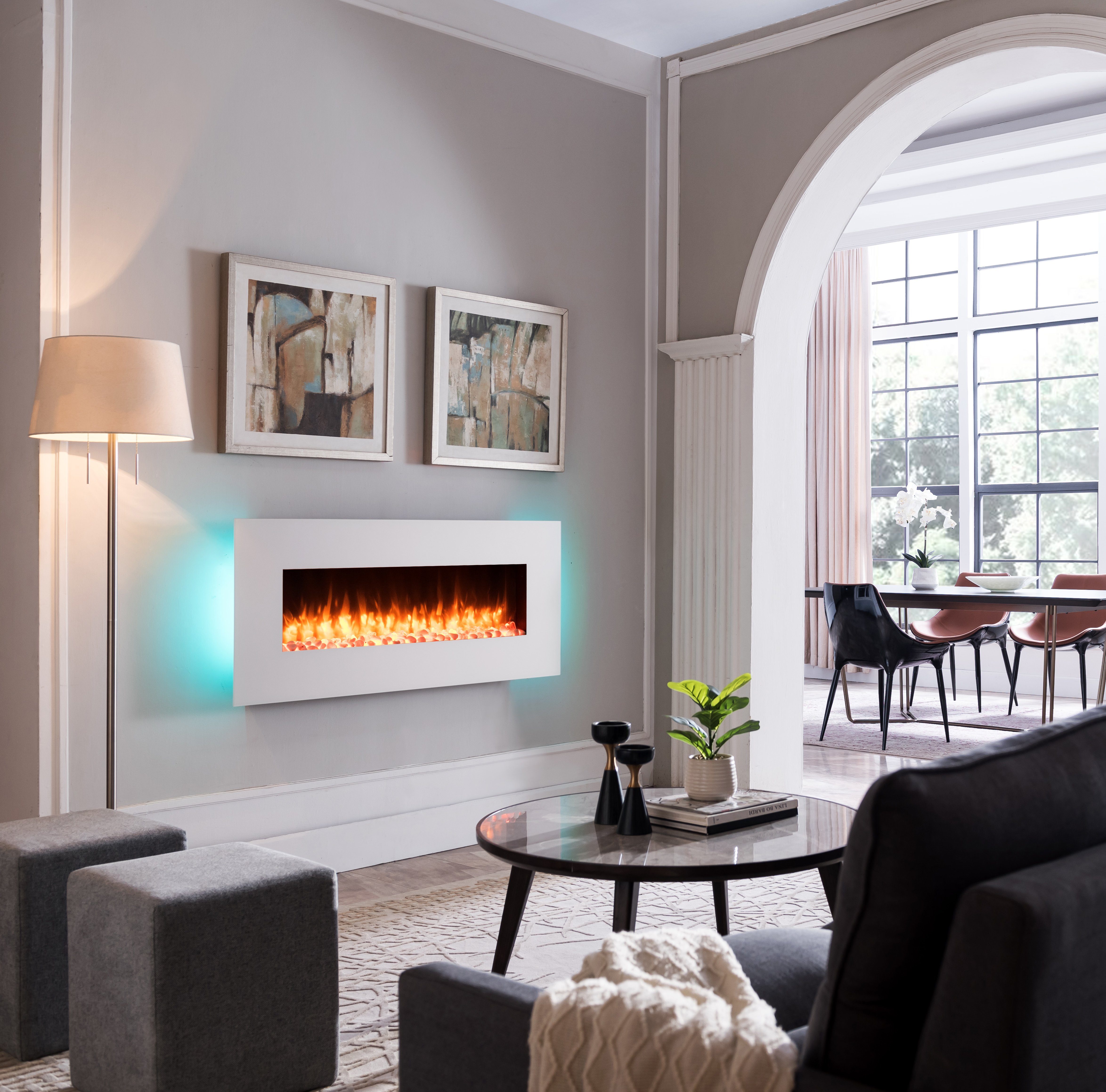 RICHEN Elektrokamin Yoash, Wandkamin mit Heizung 2000W, 3D-Flammeneffekt, LED-Beleuchtung, Fernbedienung, Timer, Thermostat