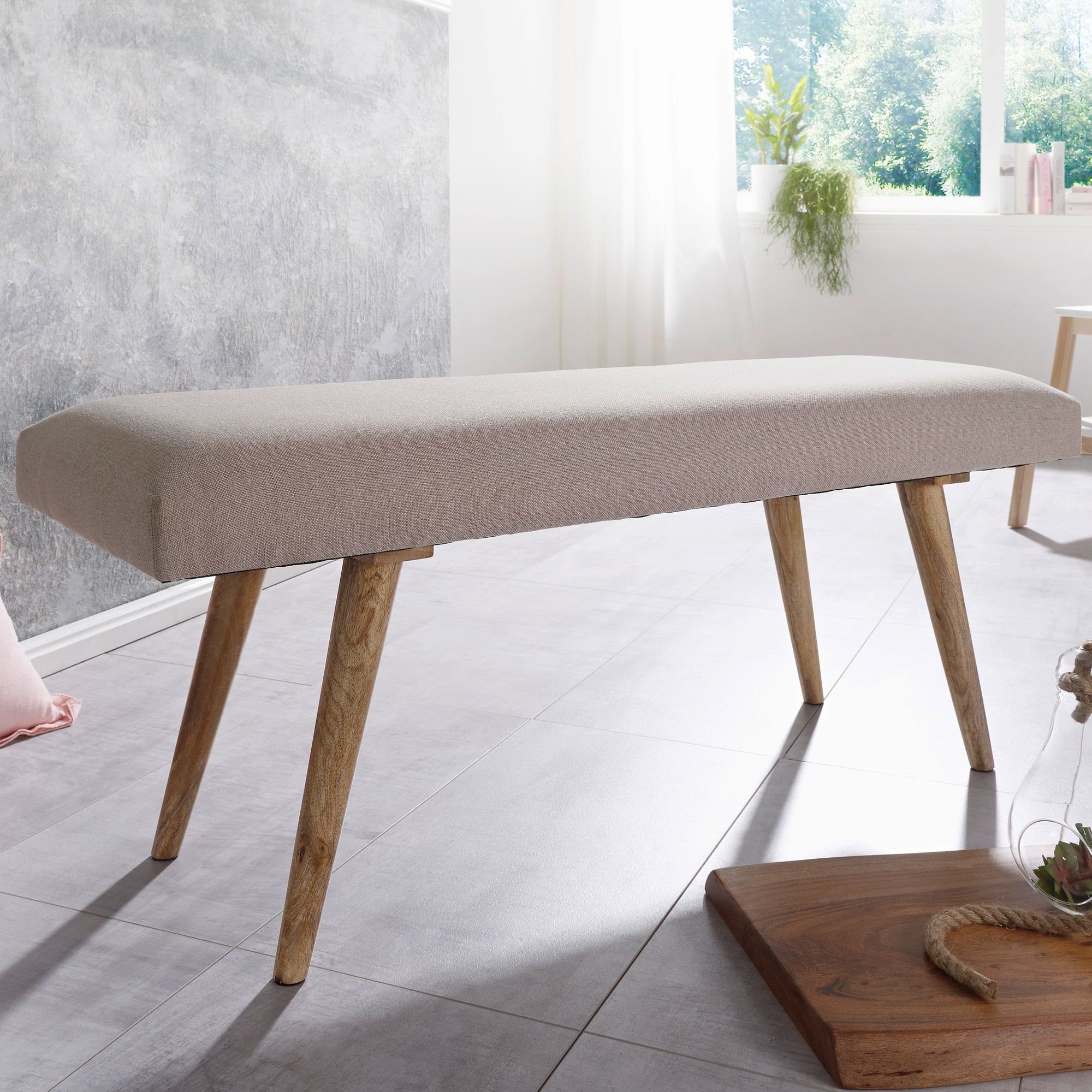 FINEBUY Hockerbank FB49206 (Stoff / Massivholz Bank Beige 117x51x38 cm Retro), 2er Polsterbank Flur, Stoffbank Sitzbank Klein