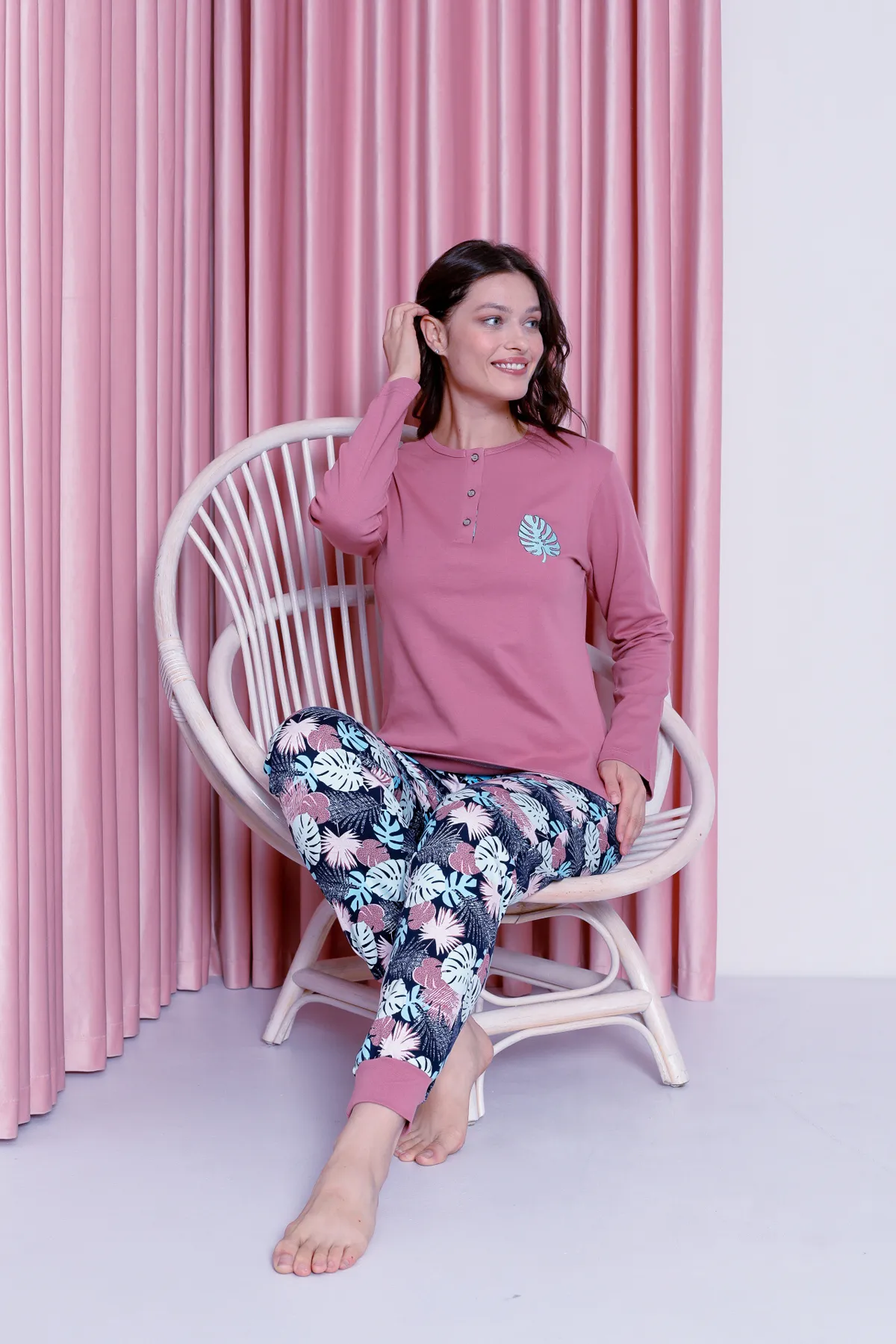 AHENGİM  Pyjama-Set für Damen, junges Blattmuster, gerippte Baumwolle mit Beinen, saisonal, W20482255
