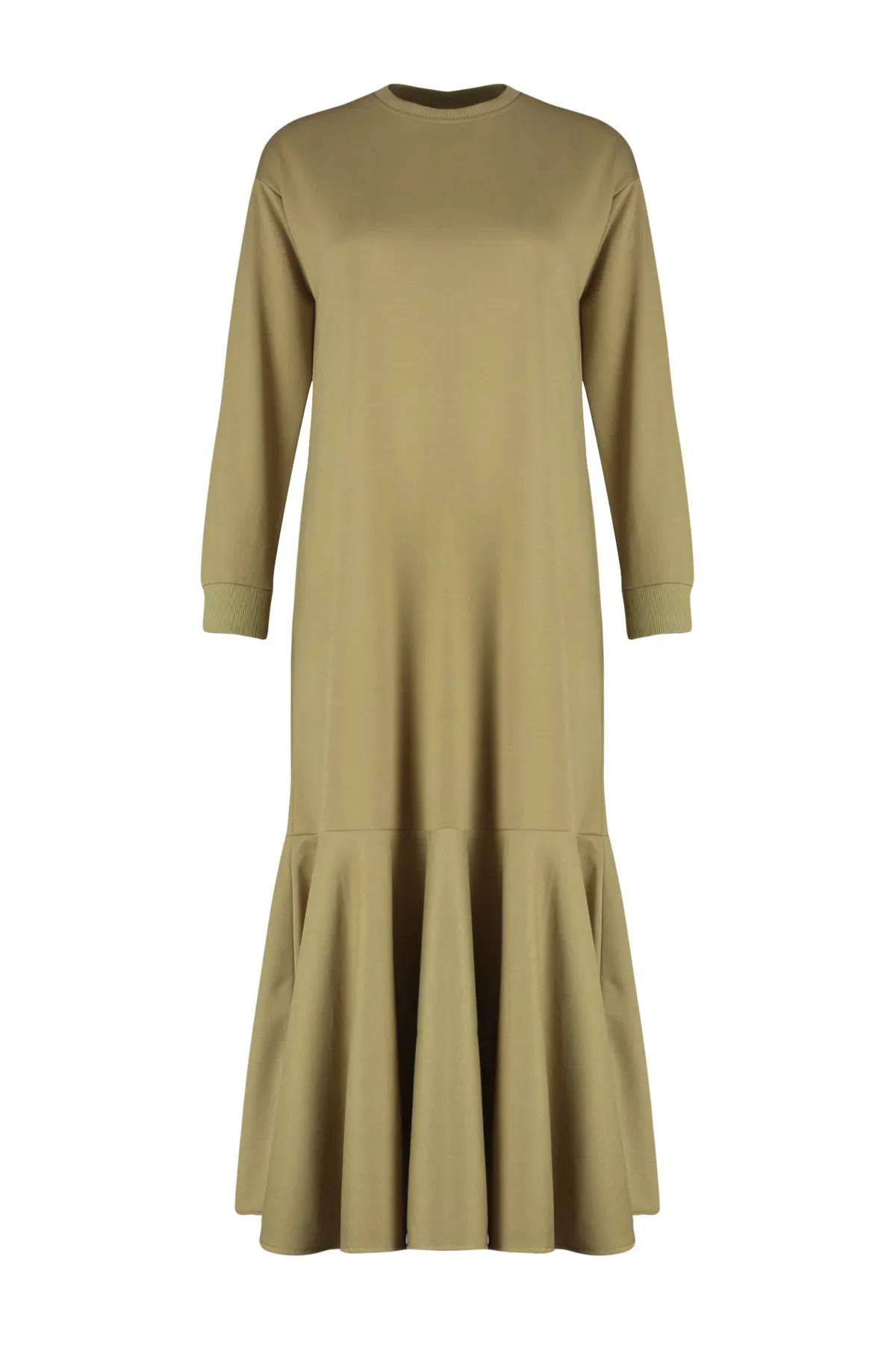 Trendyol Modest  Khakifarbenes Strickkleid mit Rundhalsrock und Volant TCTSS22EB0219