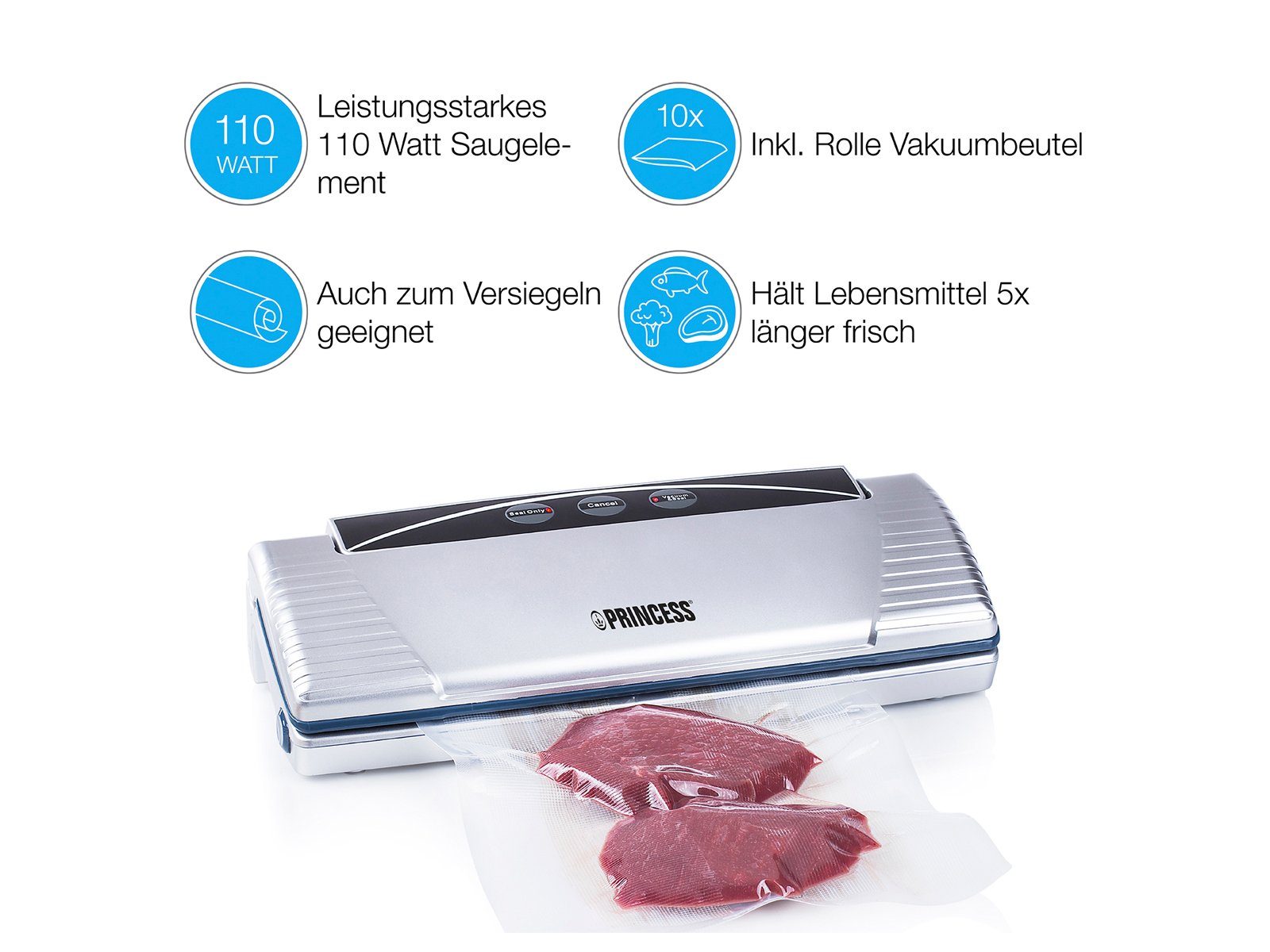 PRINCESS Vakuumierer, 110W, Folienschweiß-Gerät Foodsaver Sous Vide Lebensmittel aufbewahren