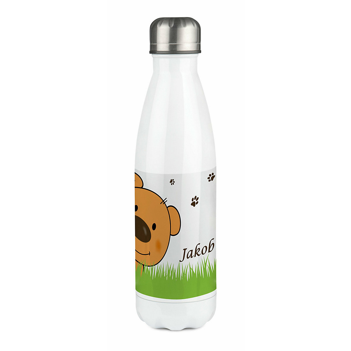 Edelstahl Kinder Thermoflasche / Trinkflasche bunt Teddy Bär-Graß Spülmaschinenfest, Auslaufsicher, Bruchfest, Doppelwandig, Für Heißgetränke geeignet, Mit Deckel, Isoliert