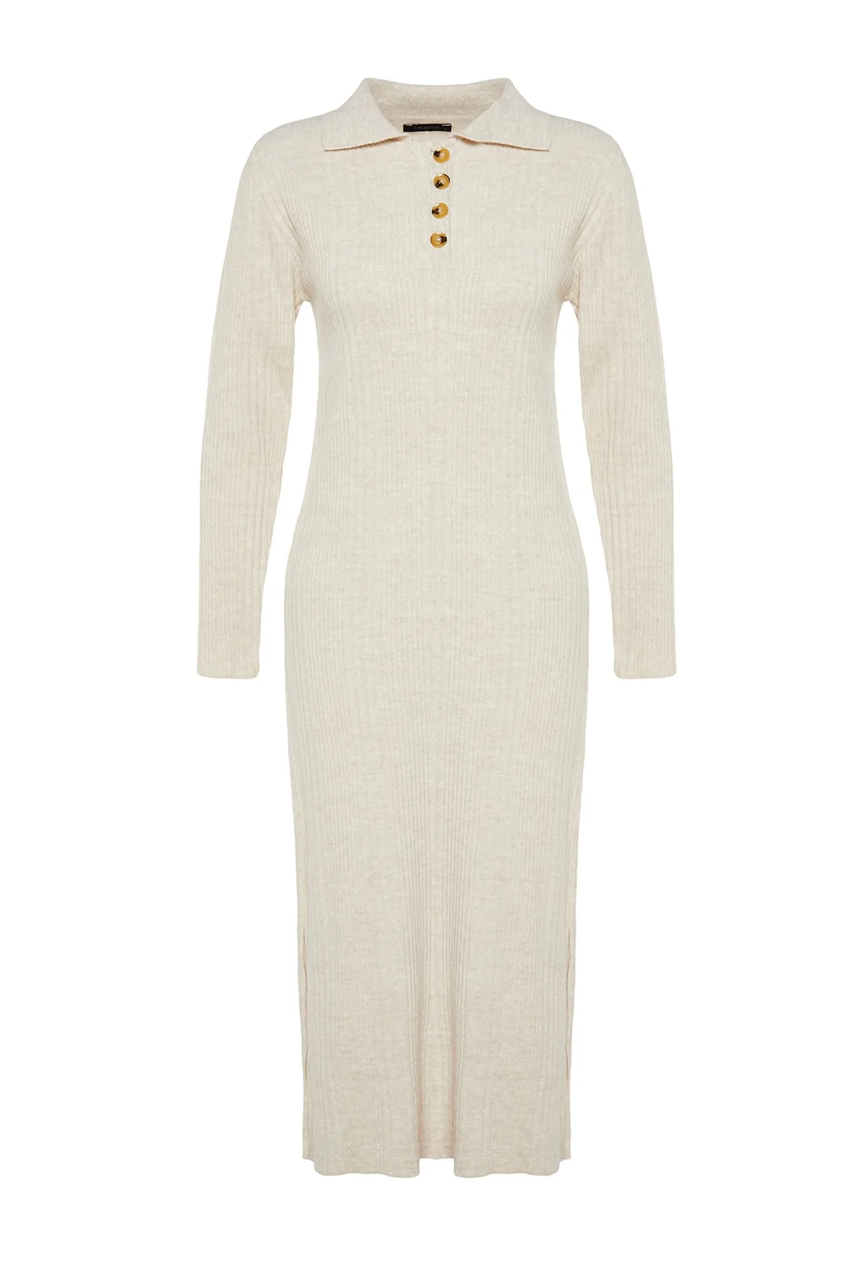 Trendyol Modest  Beiges, geripptes Strickkleid mit Polokragen und bequemer Passform TCTAW24EB00025
