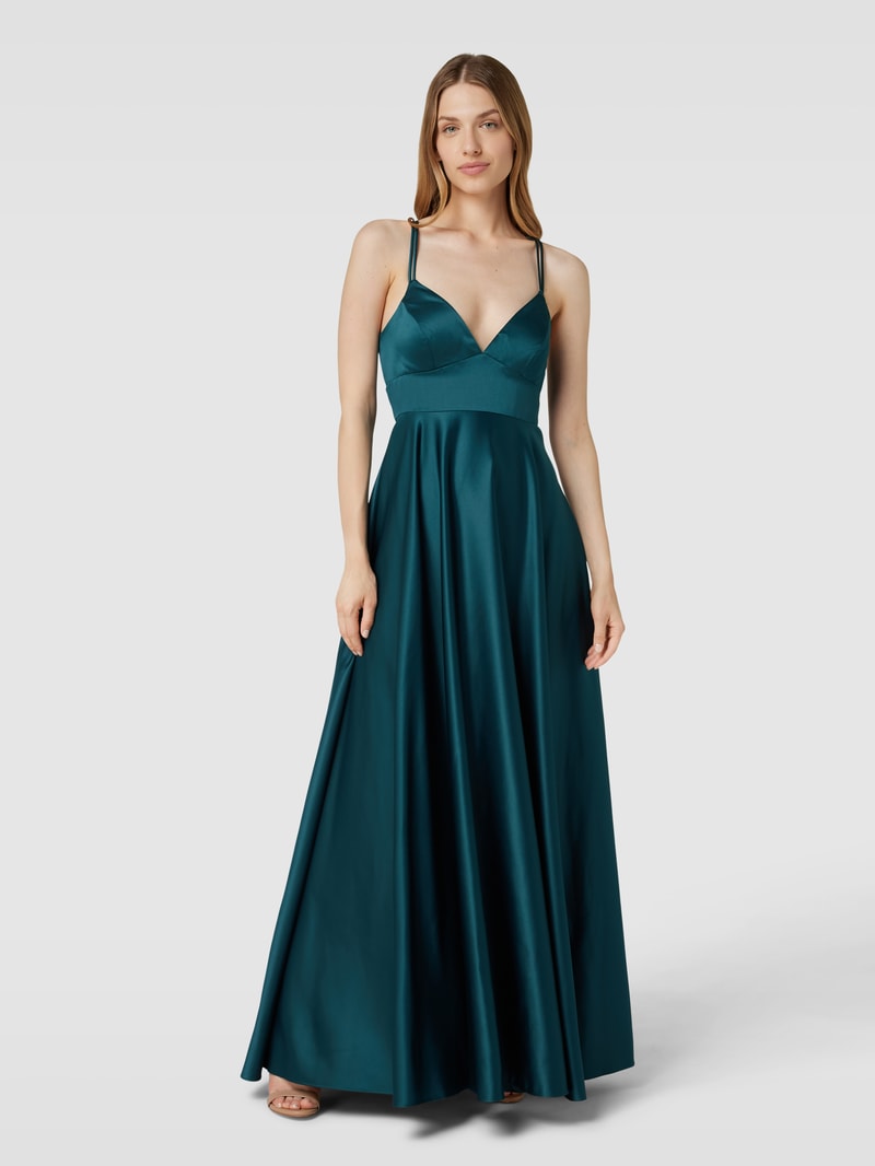 Abendkleid mit gekreuzten Spaghettiträgern in dunkelgrün meliert