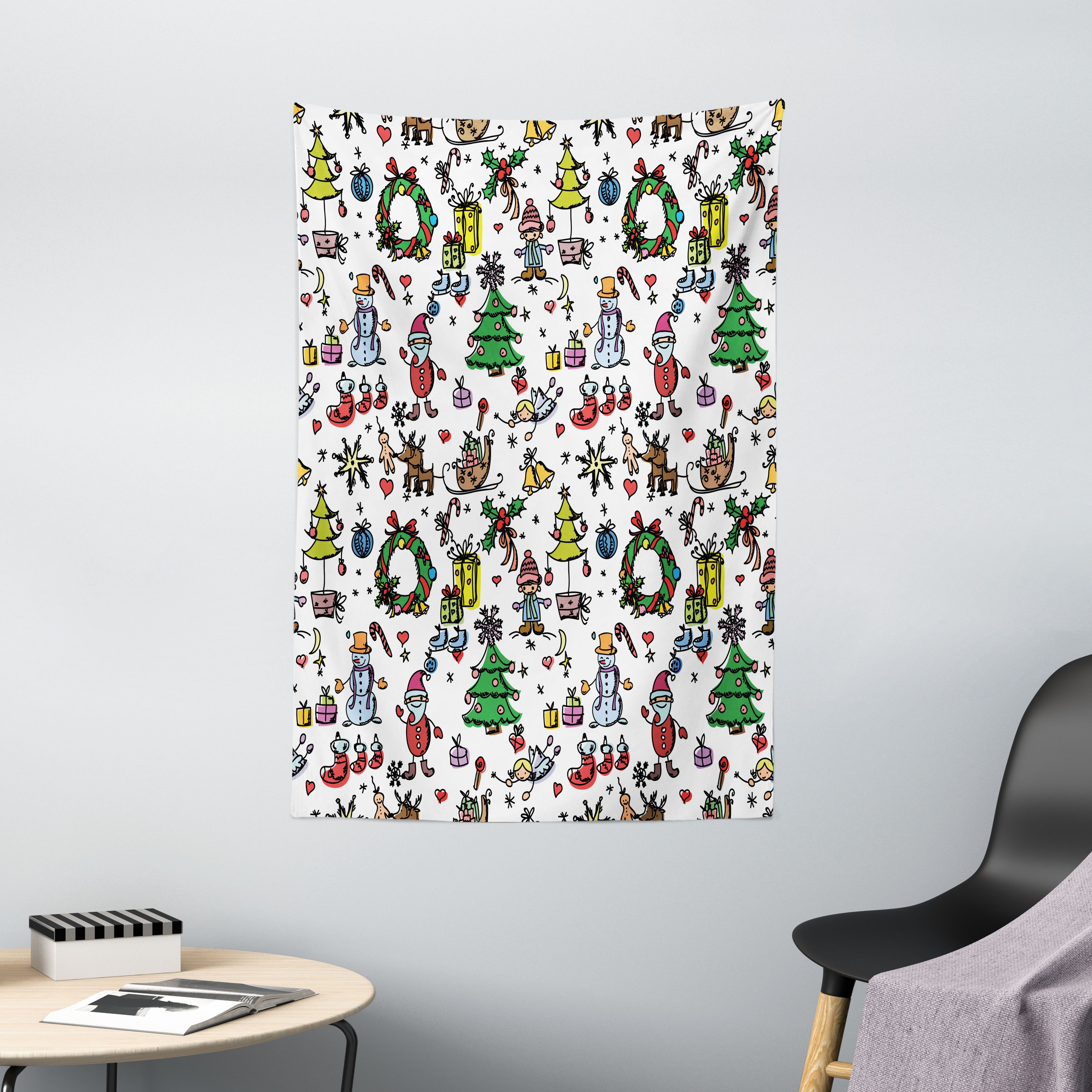 Wandteppich Wohnzimmer Schlafzimmer Wandtuch Seidiges Satin Wandteppich, Abakuhaus, rechteckig, Gekritzel Weihnachten Cartoon