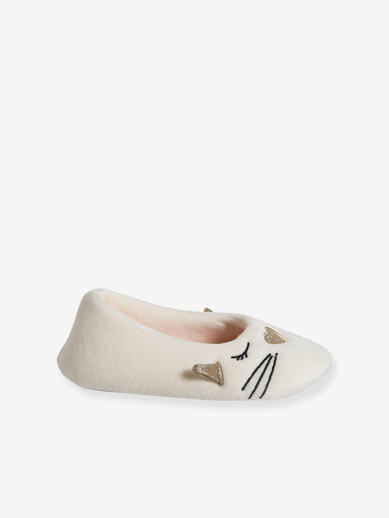 Vertbaudet Kinder Stoffhausschuhe, Ballerina-Form - wollweiß