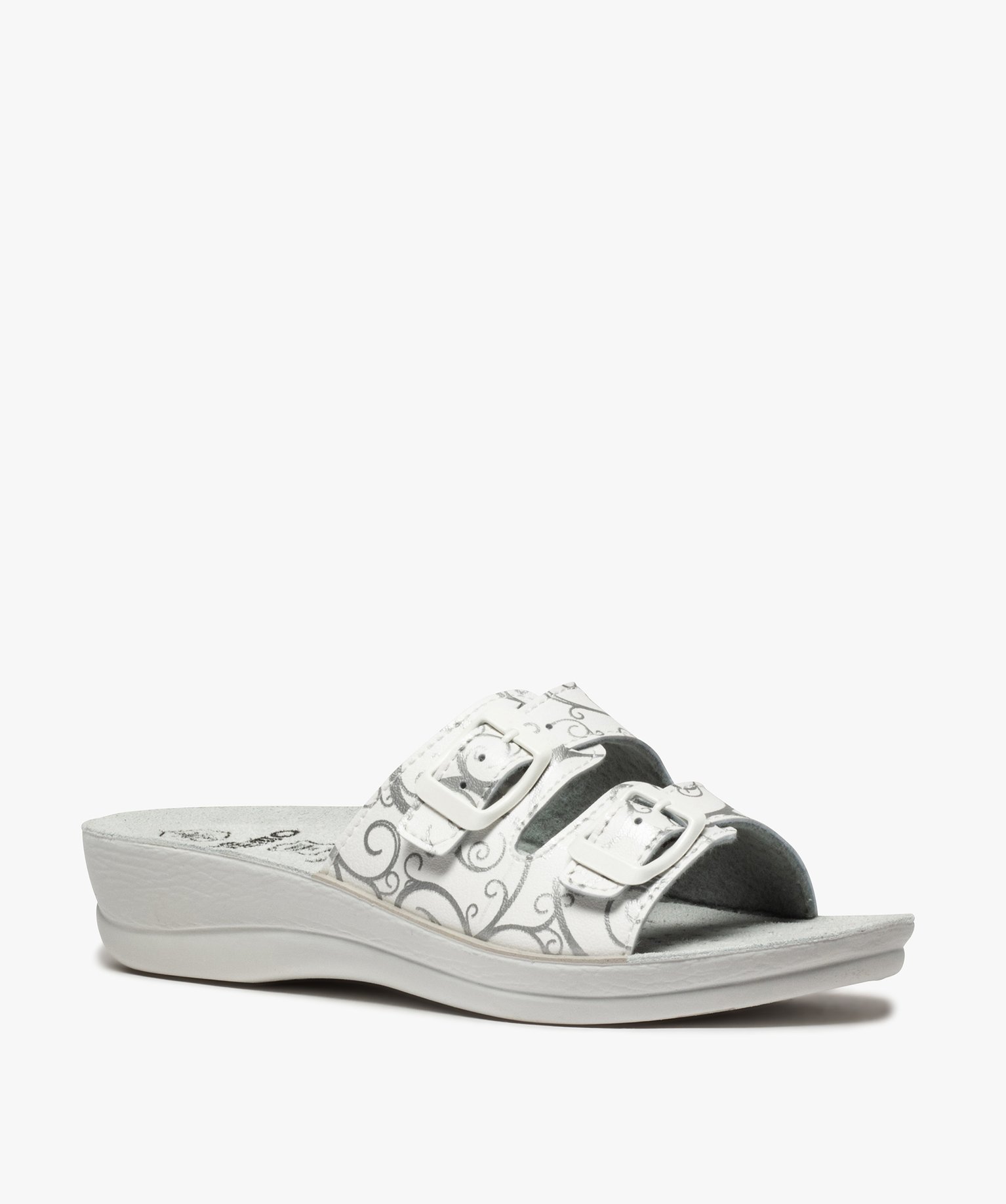 Mules femme confort imprimées avec double bride à boucle blanc | GEMO