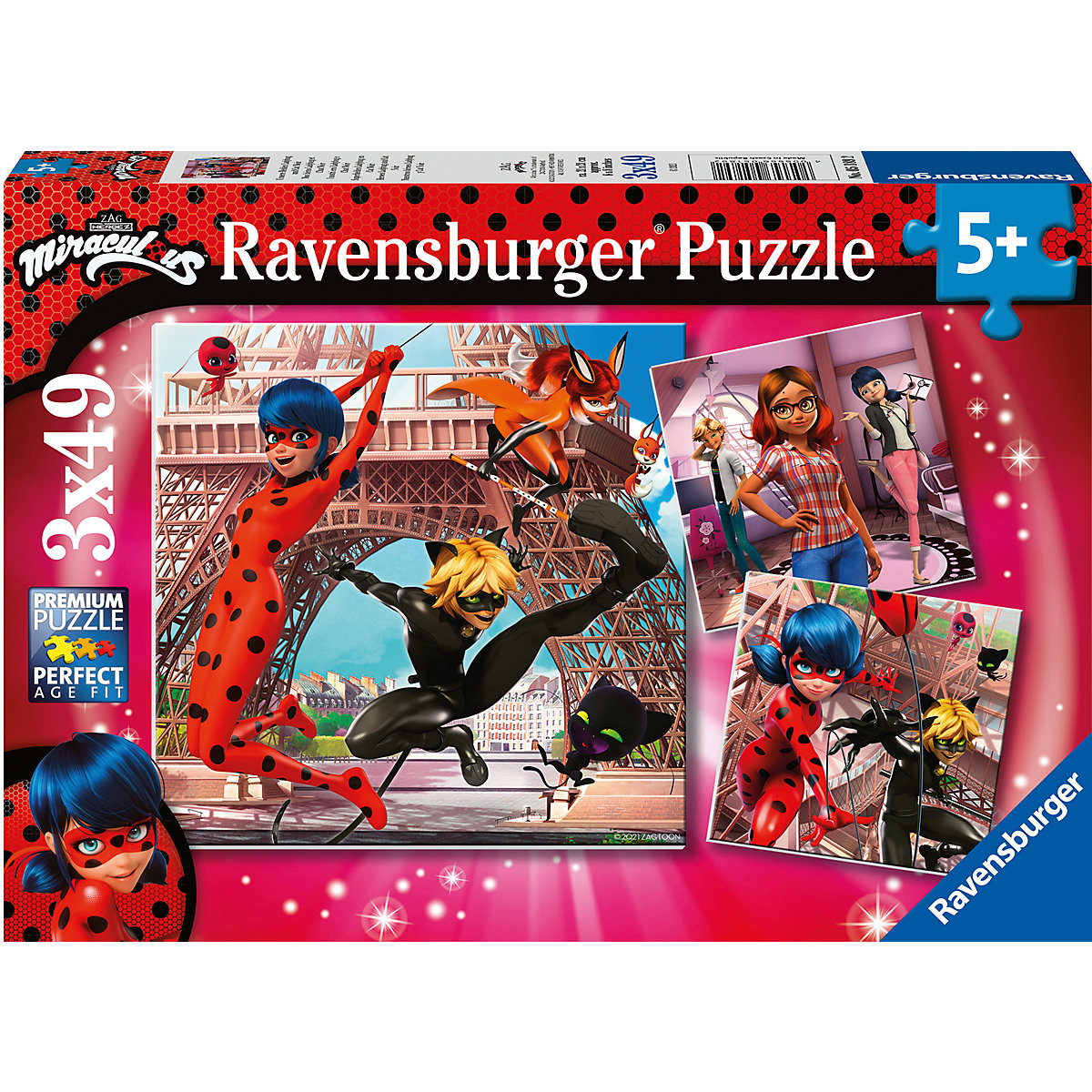 Ravensburger Kinderpuzzle 05189 - Unsere Helden Ladybug und Cat Noir - 3x49 Teile Miraculous Puzzle für Kinder ab 5 Jahren