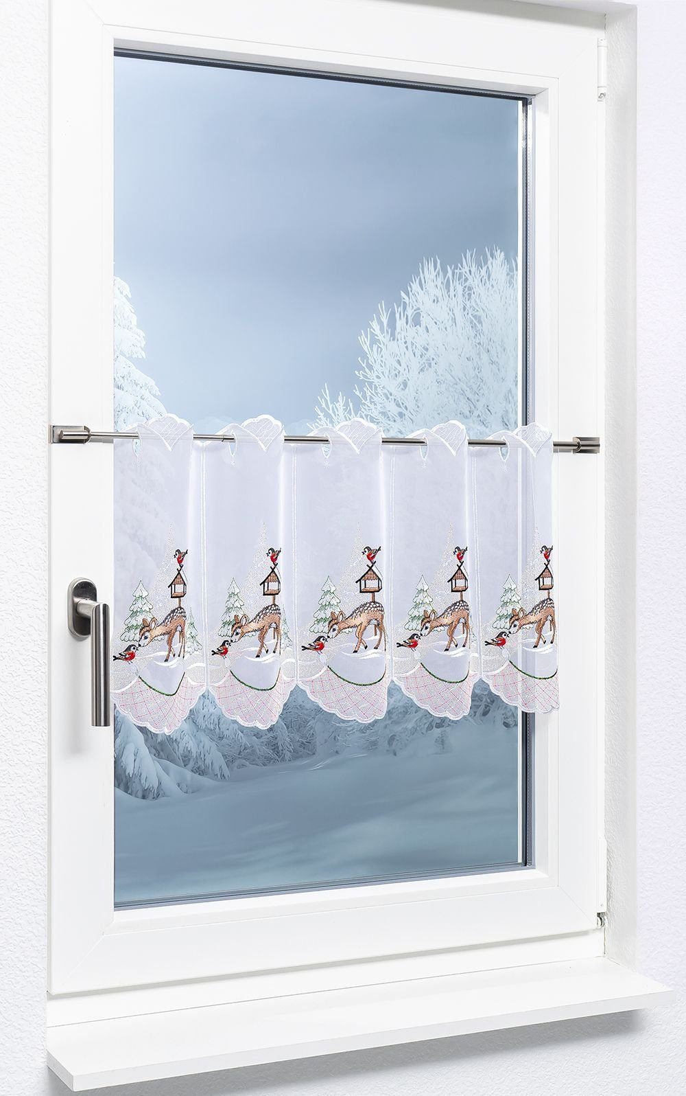 Scheibengardine Rehkitz im Winter, Plauener Spitze®, (1 St), transparent, HxB 35x48cm