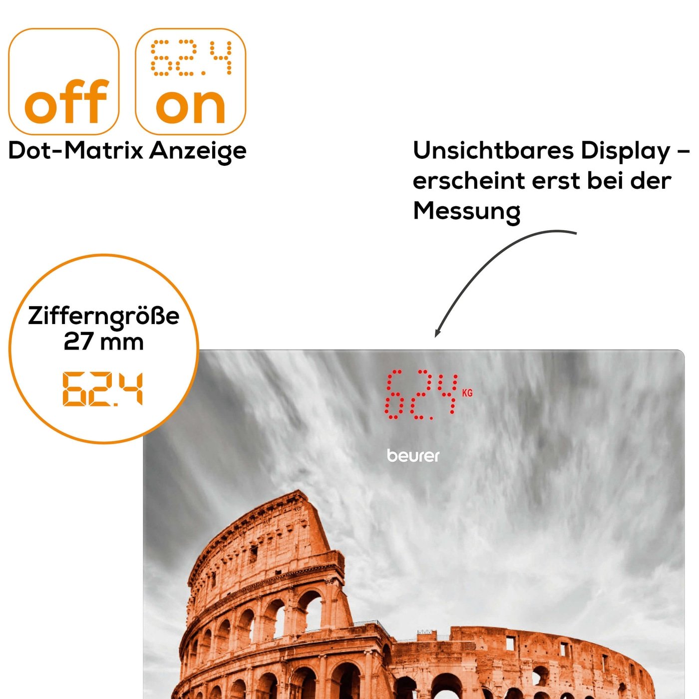 Beurer Glaswaage GS 215 Rome-Personenwaage aus Glas mit unsichtbarem Magic-Display - bis 180 kg