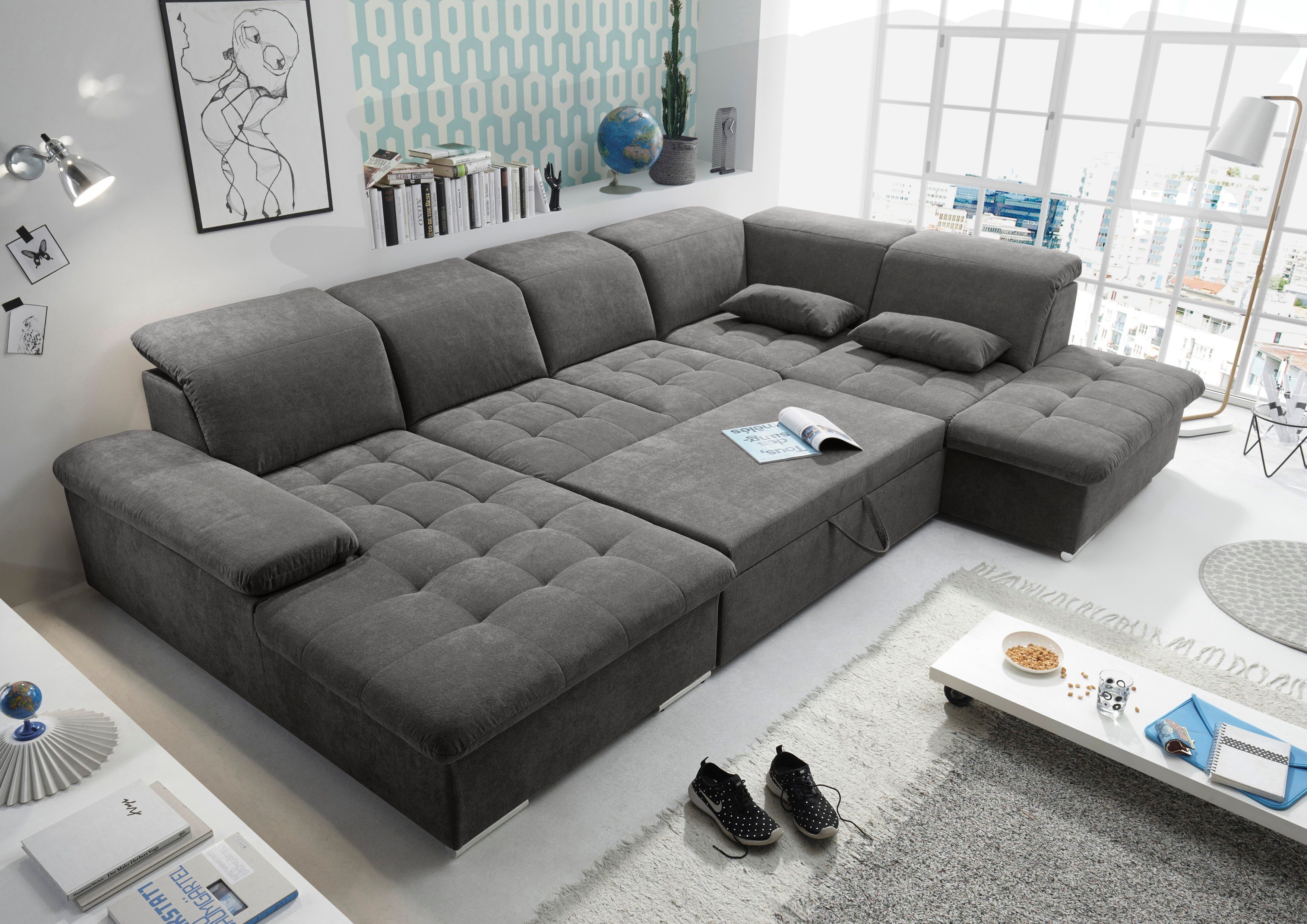 ED EXCITING DESIGN Wohnlandschaft Wayne, mit Bettfunktion, Bettkasten, Nierenkissen, frei im Raum stellbar etc.