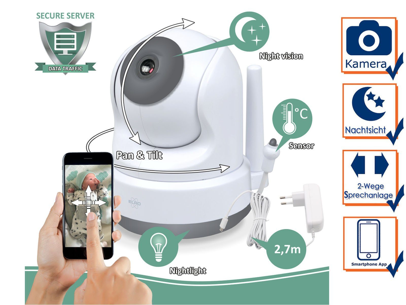 Elro Video-Babyphone, Zusatz Baby Cam für BC3000 Serie mit Nachtlicht, kostenlose Handy App