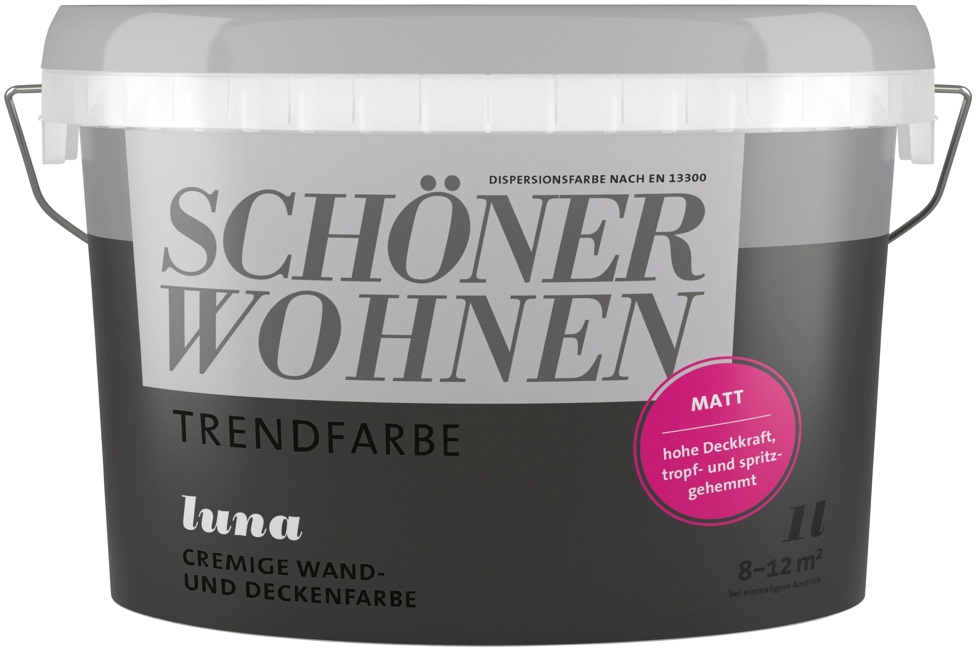 SCHÖNER WOHNEN FARBE Wand- und Deckenfarbe Trendfarbe, 1 Liter, Luna, hochdeckende Wandfarbe - für Allergiker geeignet