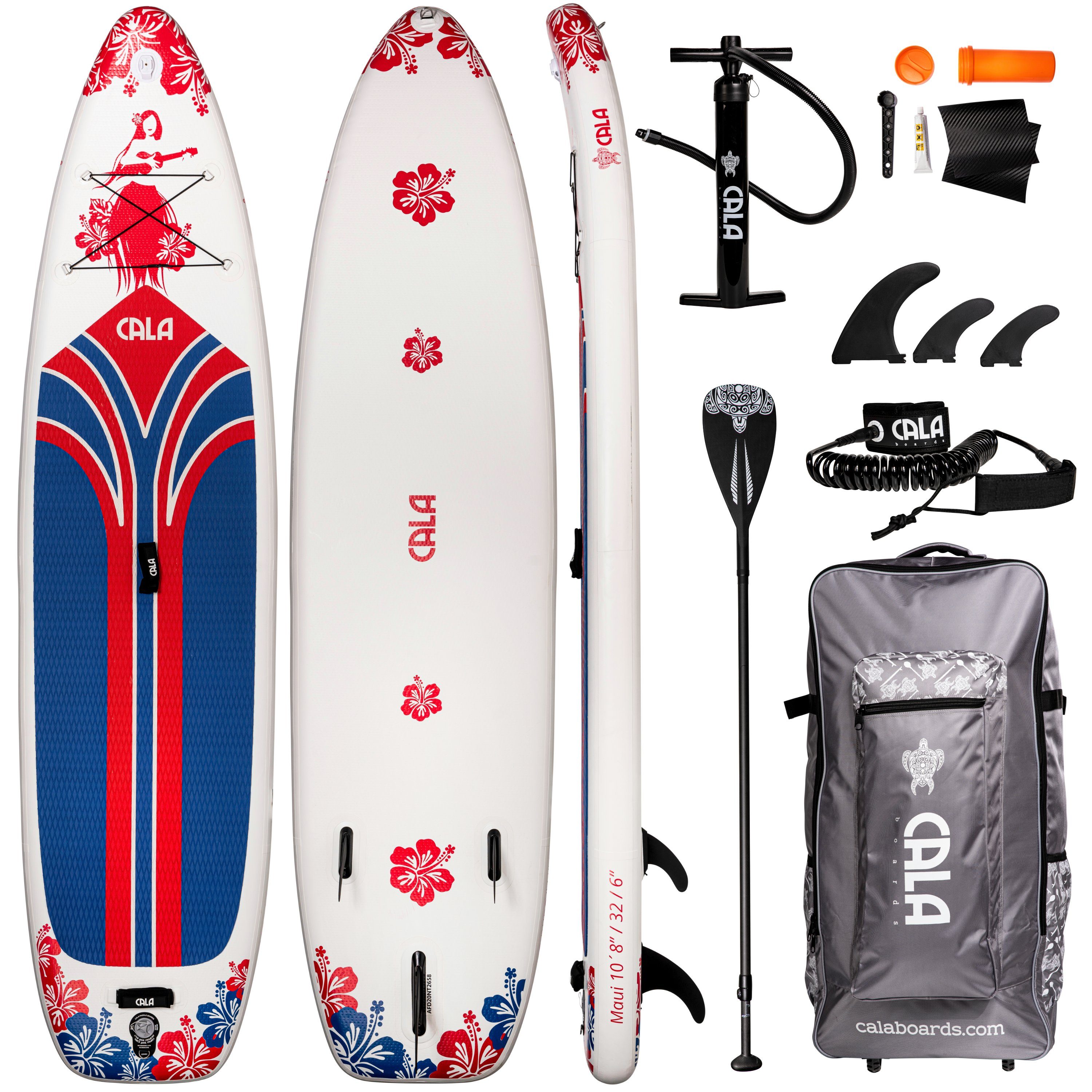 CALA SUP-Board MAUI, allround SUP- Board aufblasbar (inflatable), (Komplett-Set, SUP BOARD inkl. Rucksack-Trolley, Leash zu Sicherung, 3 abnehmbaren Finnen, Double Action Pumpe, Carbon-Paddel (775g), Reparatur Kit und Kamera Halterung), Allrounder fü