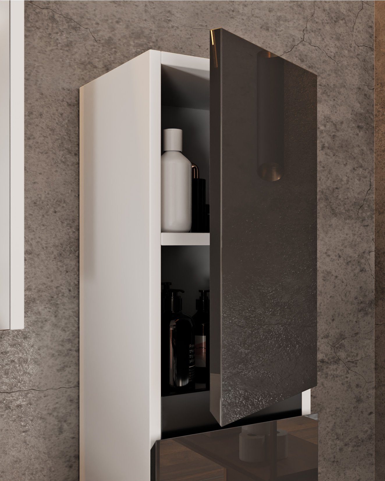 Karen Badmöbel-Set Venus (Anthrazit), (Komplett-Set, Standartmäßig 3-Teilig (Unterschrank, Spiegelschrank, Waschbecken), Optionaler Hochschrank, 1-St., Unterschrank mit Türen, Spiegelschrank mit Türen & Regalen), Futuristisches Design, Highgloss-Besc