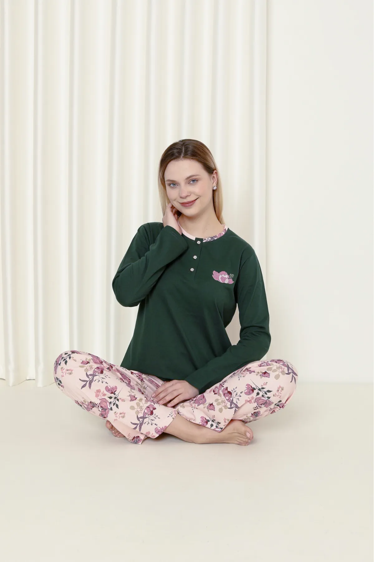 AHENGİM  Damen-Pyjama-Set für Damen, Single-Jersey, langärmelig, Blumenmuster, Baumwolle, saisonal, W20242241
