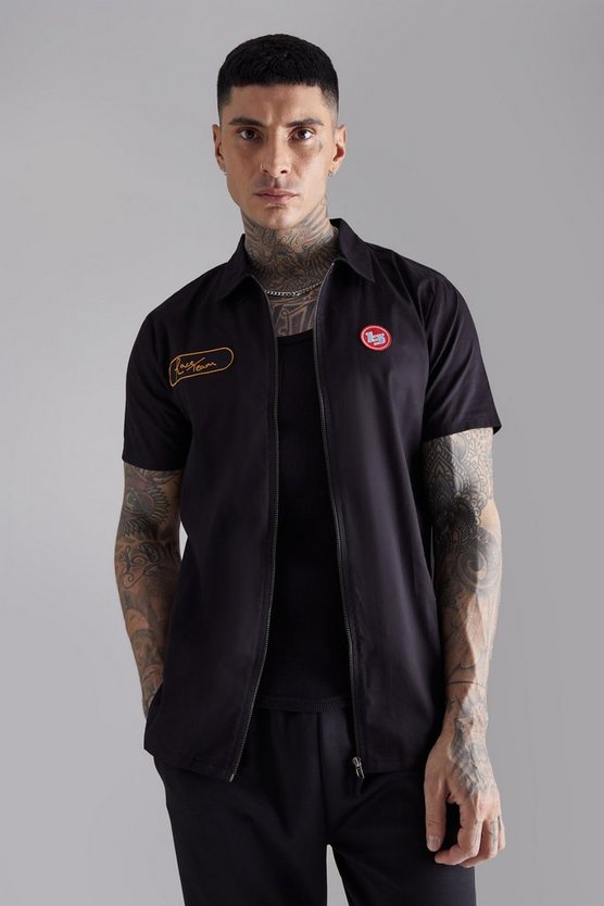 Tall kurzärmliges Twill Moto-Hemd mit Reißverschluss