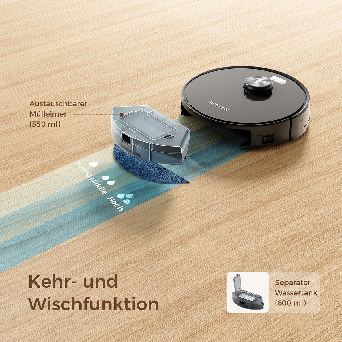Tesvor Saugroboter S5 Staubsauger Roboter Wischfunktion 3000Pa 180Min Lasernavigation