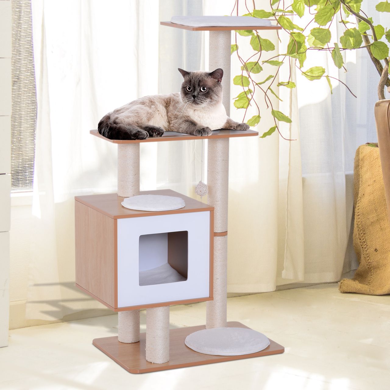 PawHut Katzenkratzbaum Katzenspielzeug Kletterbaum Sisal Polster Liegefläche mit Ball natur 66 x 47 x 120 cm