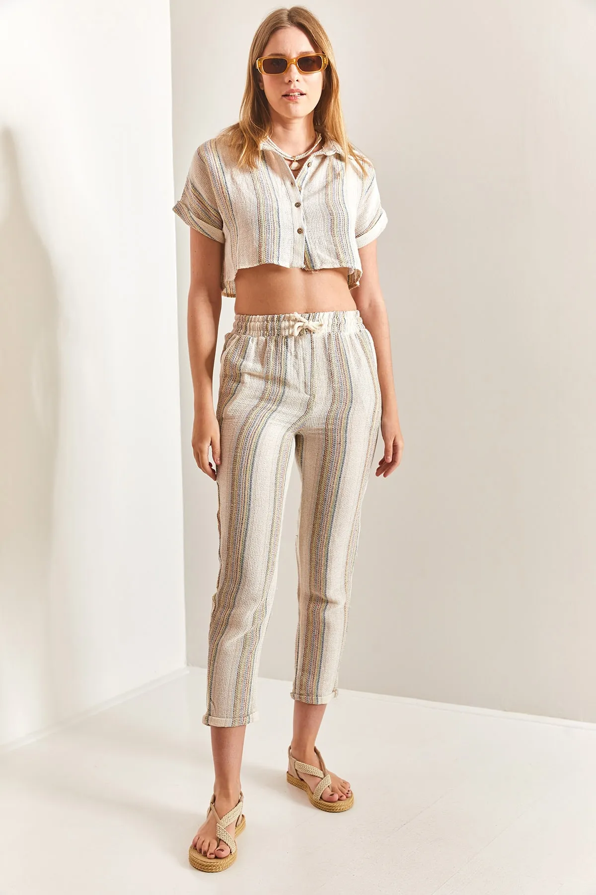 Bianco Lucci  Crop-Doppelset aus gestreiftem Leinen für Damen