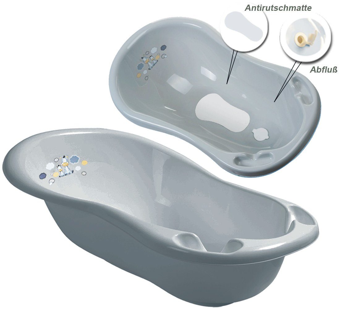 Maltex Babybadewanne 6 Teile SET - Zebra Grau - - Badeset Baby Wanne 84 cm, (Premium.set 6 tlg), = WANNE + SITZ + TÖPFCHEN + WC AUFSATZ + EIMER + HOCKER