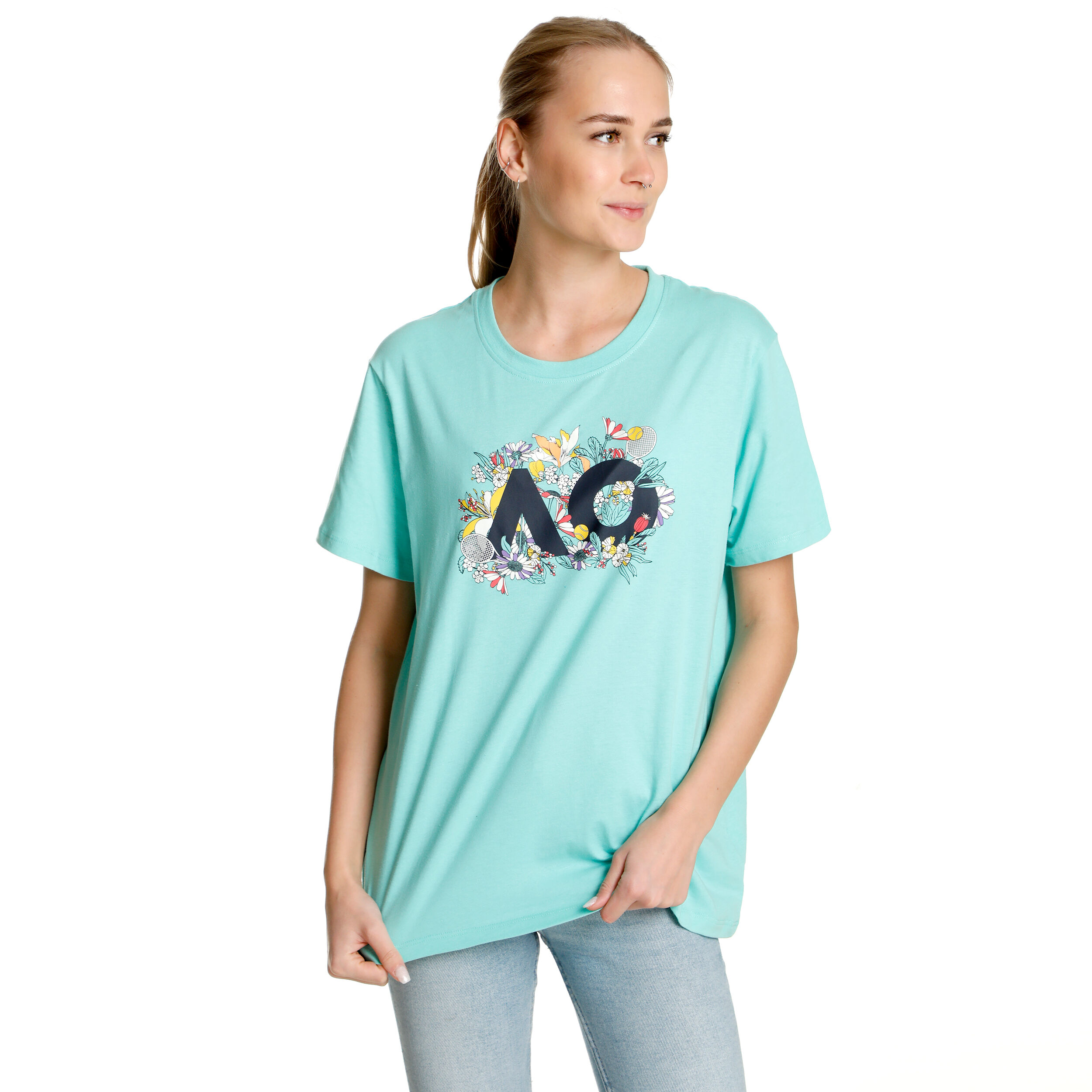 AO Floral Logo T-Shirt Damen - Türkis, Mehrfarbig