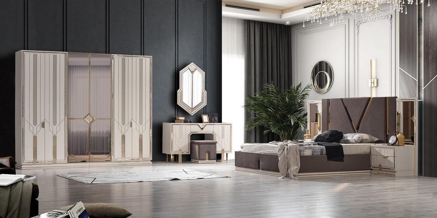 JVmoebel Schlafzimmer-Set Luxus Schlafzimmer Set Bett 2x Nachttische Kleiderschrank Design, (7-St., Bett, 2x Nachttisch, Kleiderschrank, Schminktisch, Spiegel, Hocker), Made in Europa