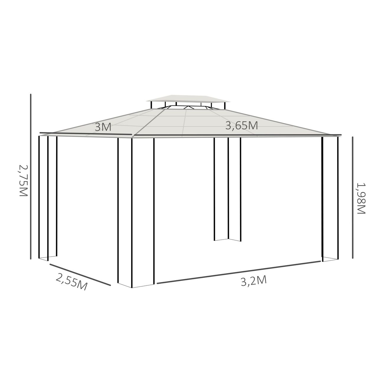 Outsunny Gartenpavillon Pavillon mit Sonnendach aus Polycarbonatplatten UV-Schutz wasserabweisend Robust Braun Hellgrau 3,65 x 3 x 2,75 m