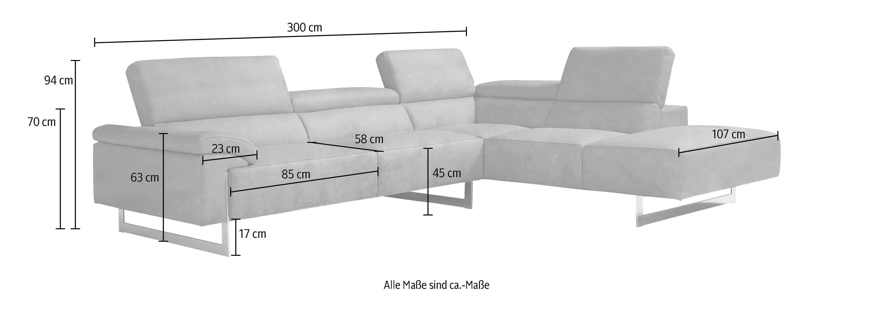 Egoitaliano Ecksofa Malika, mit Ottomane, inkl. Kopfteilverstellung und chromfarbenen Metallfüßen