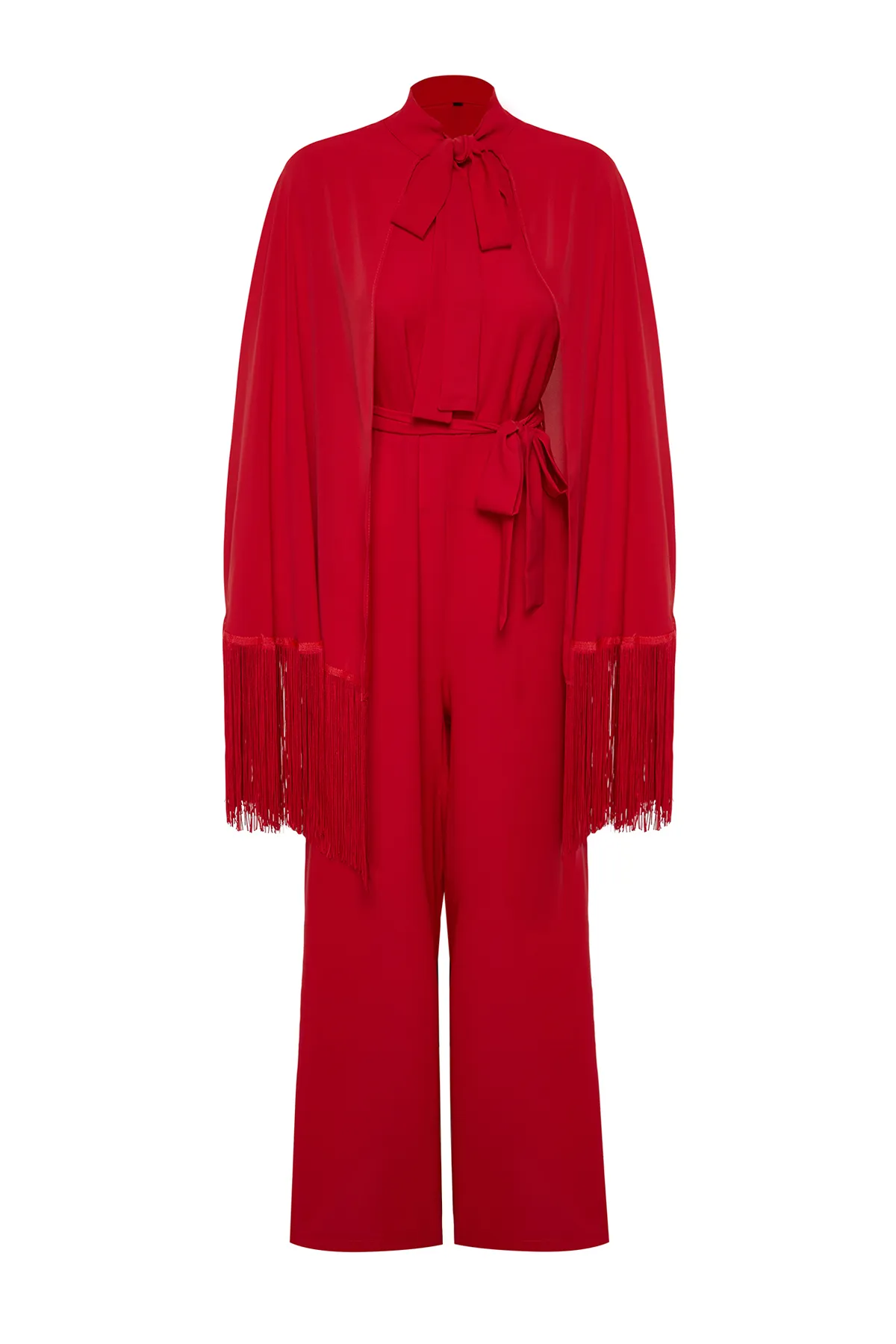 Trendyol Modest  Roter Cape-Jumpsuit mit Quasten für den Abendkleid-Anzug TCTAW24DB00007