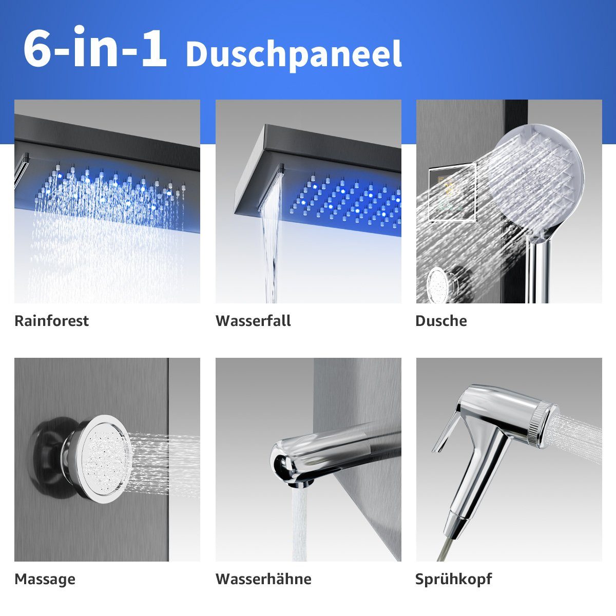 MULISOFT Brausegarnitur 6 in 1 Duschsäule Massagedusche, Regendusche,Handbrause Wanneneinlauf, 6 Strahlart(en), Duschpaneel Edelstahl mit Thermostat für Badezimmer Dusche