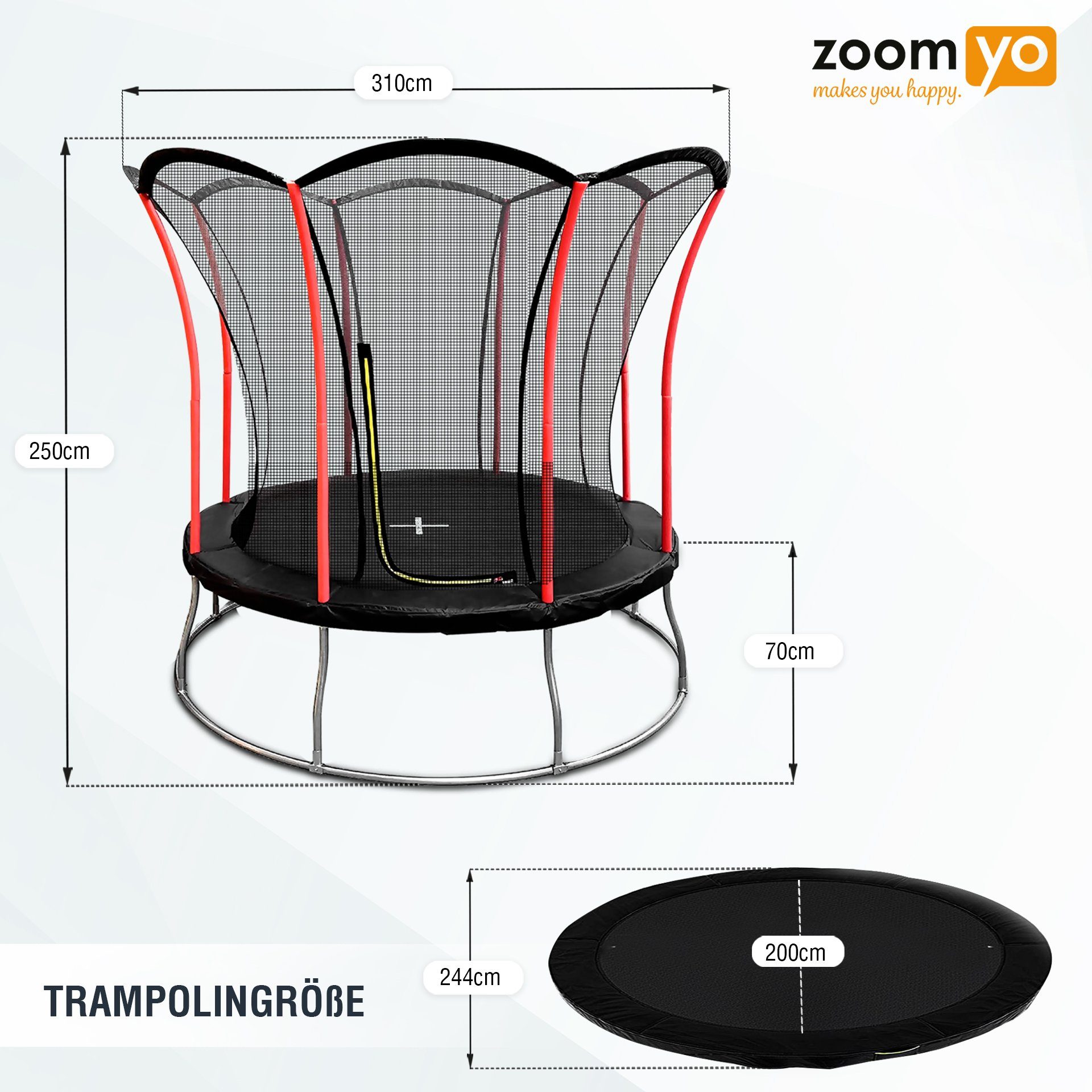 Zoomyo Gartentrampolin Garten-Trampolin Lotus, 4 Größen, rund, viele Sicherheitsfeatures, Ø 244 cm, Outdoor-Trampolin aus hochwertigen Materialien