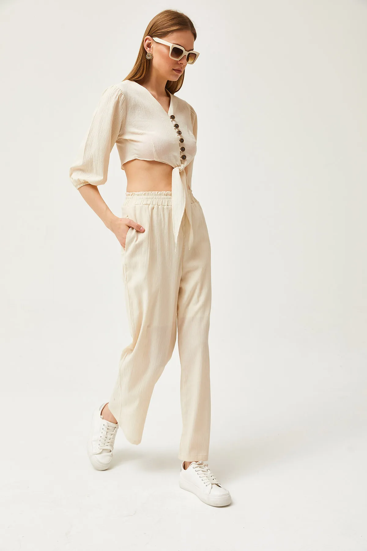Olalook  Damen-Set mit Steinoberteil, geknöpfter Bluse und Hose mit unterer Tasche, Leinen-Set TKM-19000277