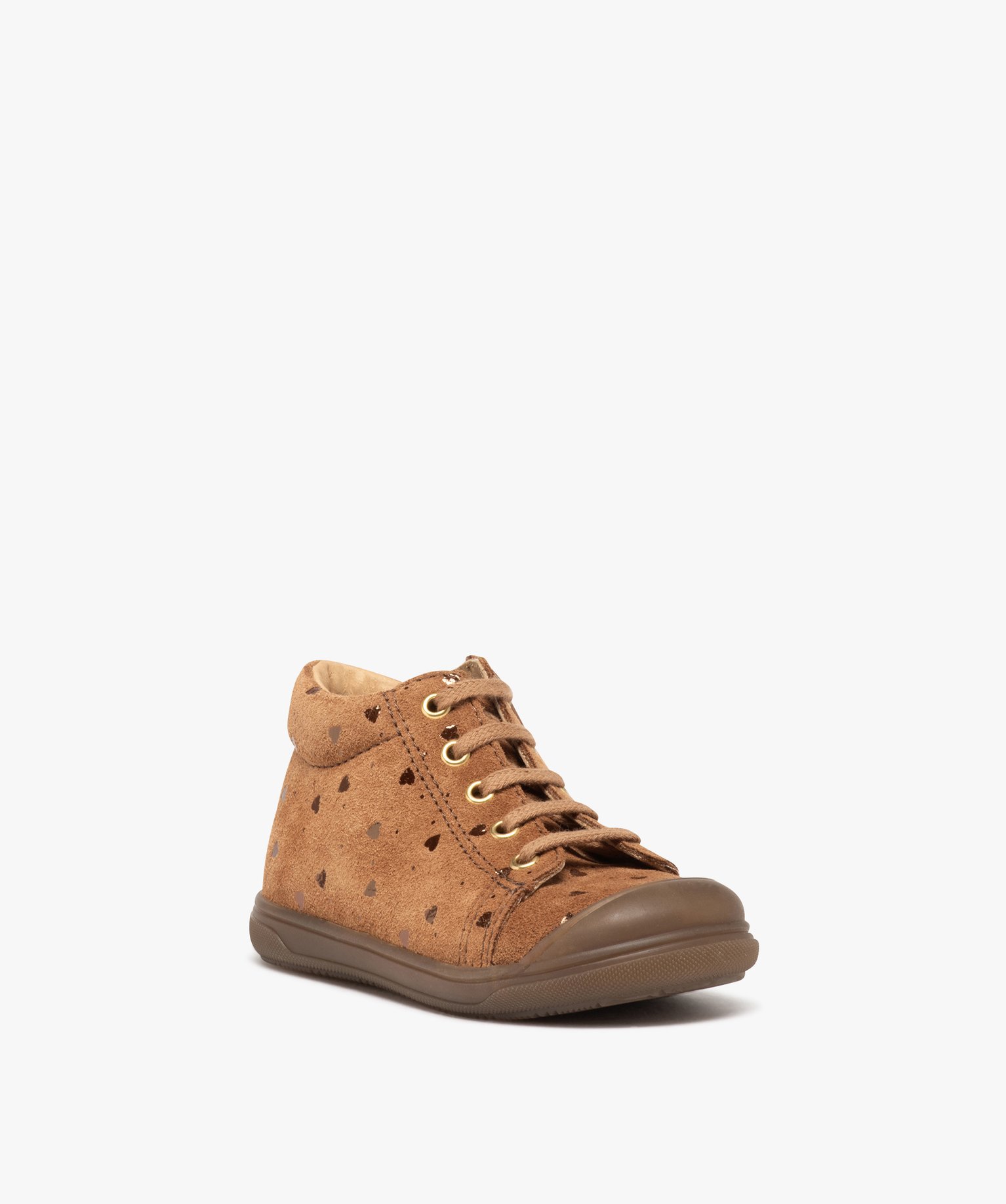 Baskets bébé fille mid-cut en cuir et à petits coeurs - NA! camel | GEMO