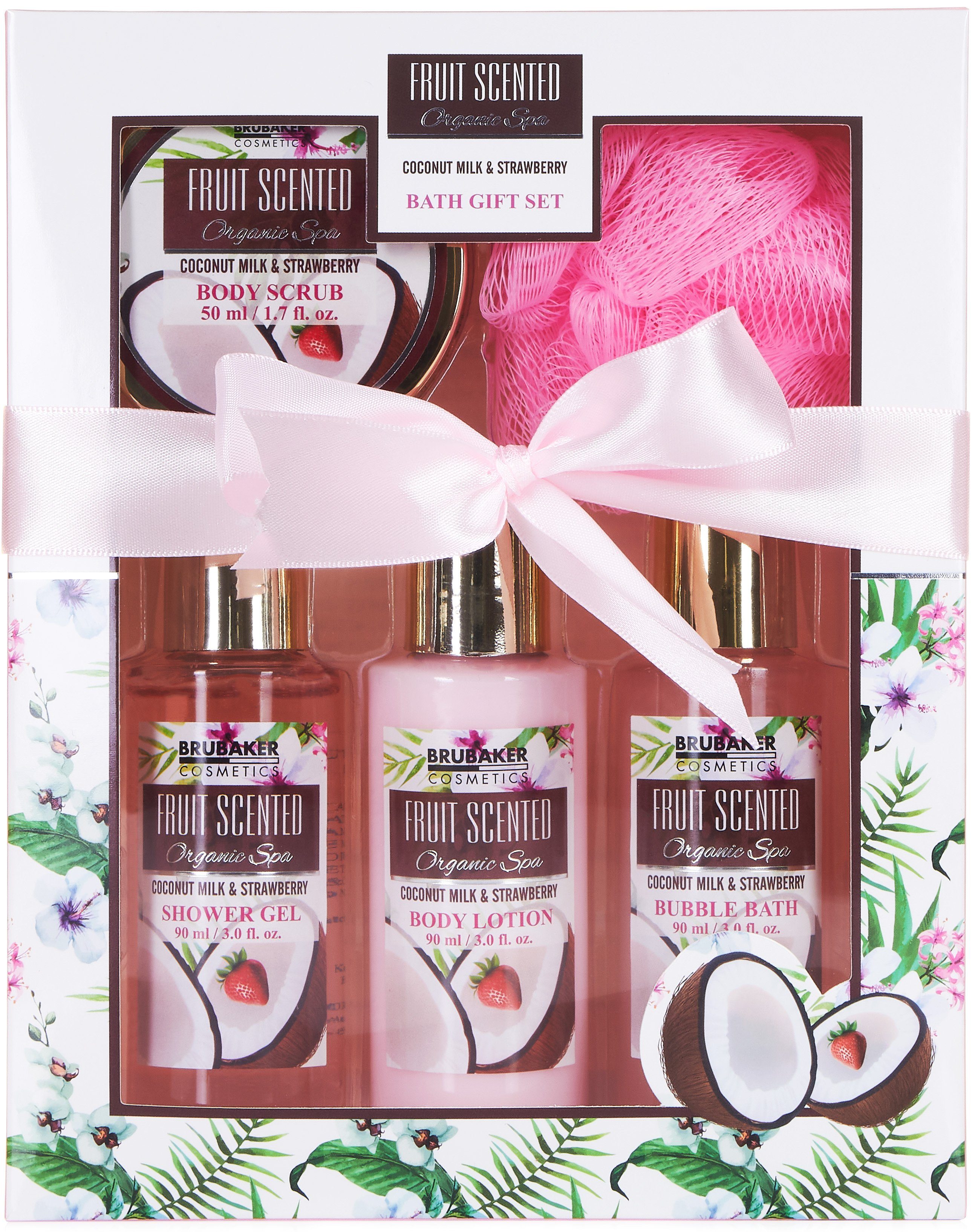 BRUBAKER Pflege-Geschenkset 2 in 1 Pflegeset Kokos & Kokosnuss Erdbeere - Wellness Set, 15-tlg., Damen Dusch- und Badeset - Frauen Beauty Geschenkset mit Dekoration