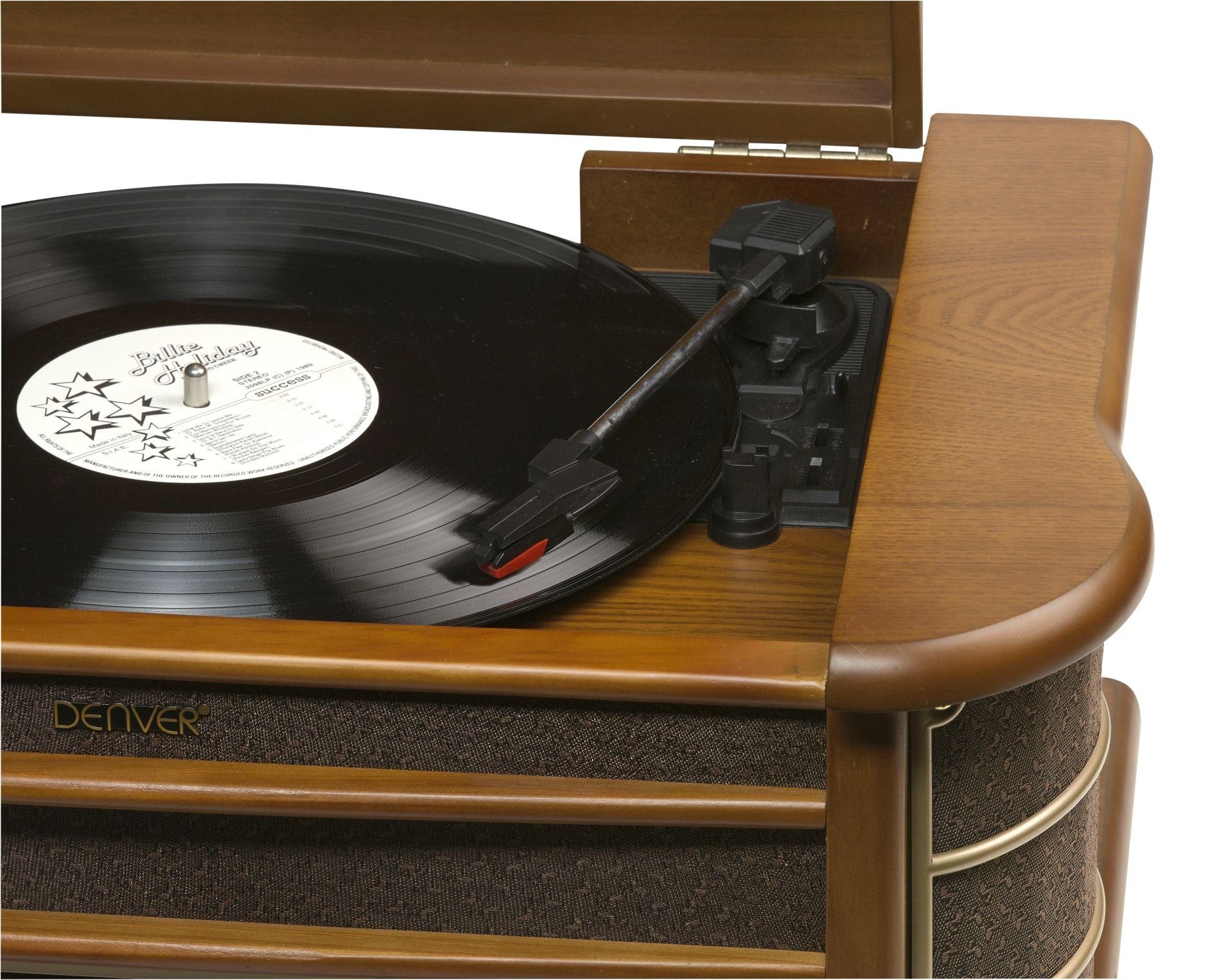 Denver MCR-50MK2 Retro Plattenspieler aus Holz mit Radio Kassette Soundbox Radioplattenspieler (Riemenantrieb, CD Player mit MP3 Wiedergabe, USB für MP3 Wiedergabe und Aufnahme, Kassettendeck auf der Seite des Geräts, AM/FM Radio mit Antenne, LCD Dis