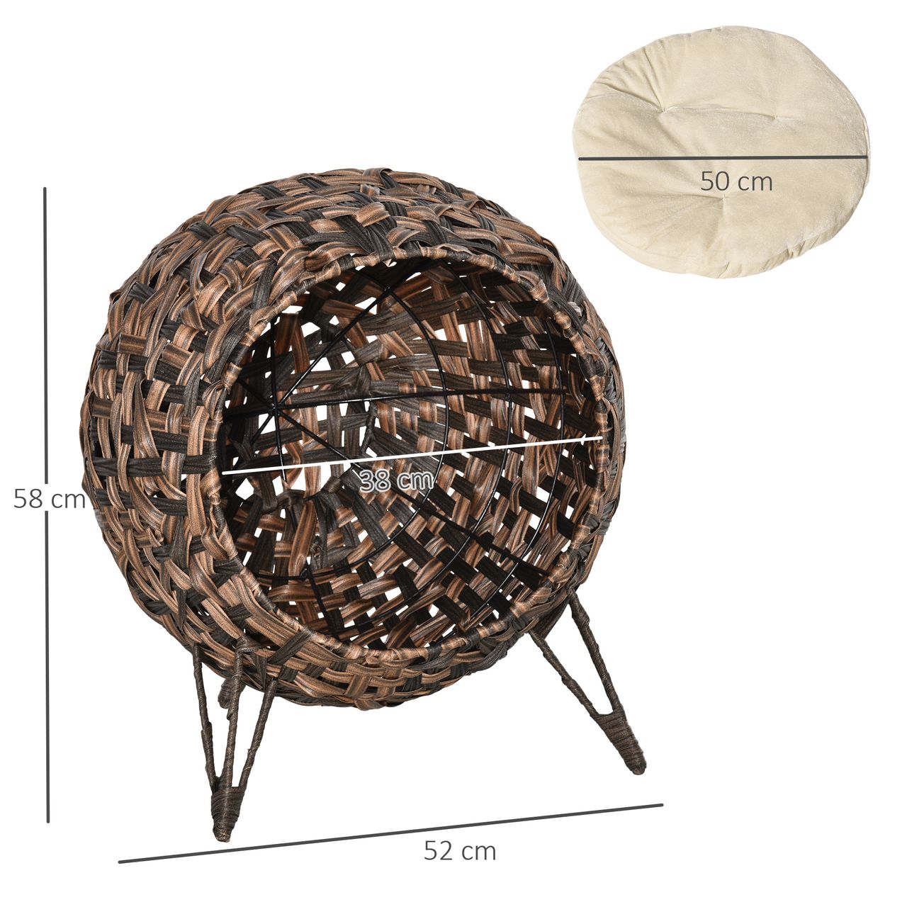 PawHut Katzenhaus aus Rattan mit Kissen Katzenschlafplatz Katzenhöhle mit erhöhten Füßen Braun Ø52 x 58 cm