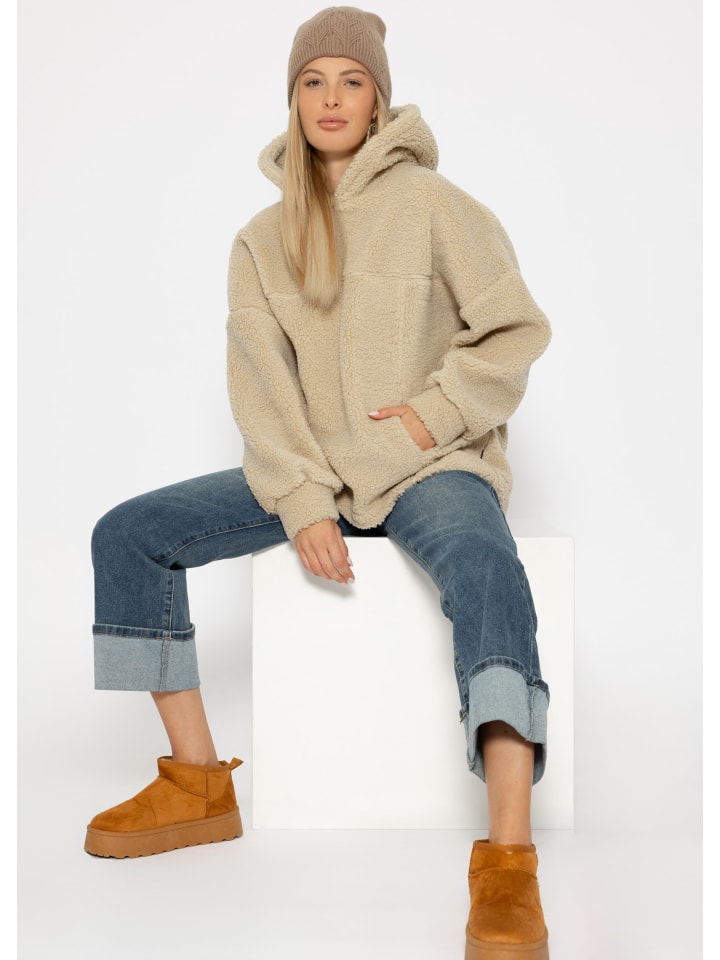 SASSYCLASSY Oversize Teddy Pullover mit Kapuze in Hellbeige günstig kaufen S