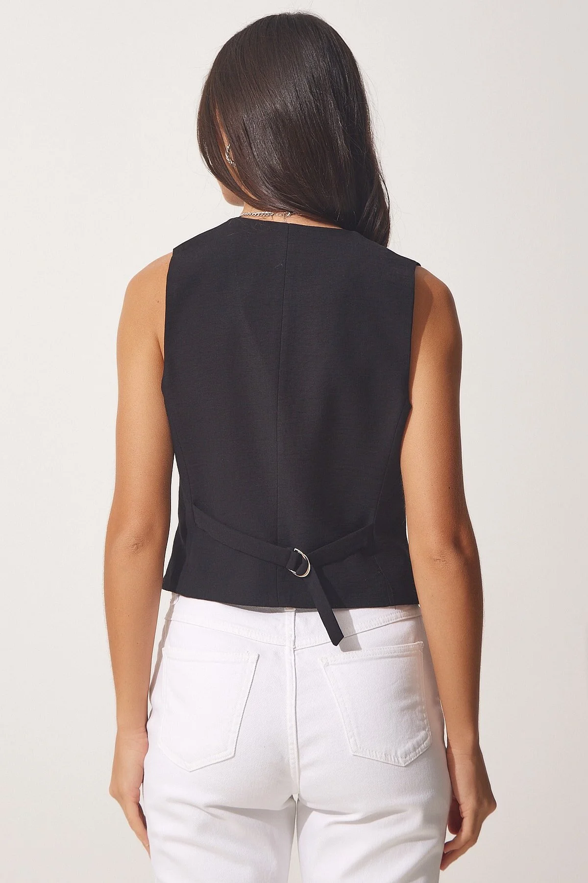 Happiness İstanbul  Schwarze stilvolle Ayrobin-Weste mit V-Ausschnitt für Damen TO00067