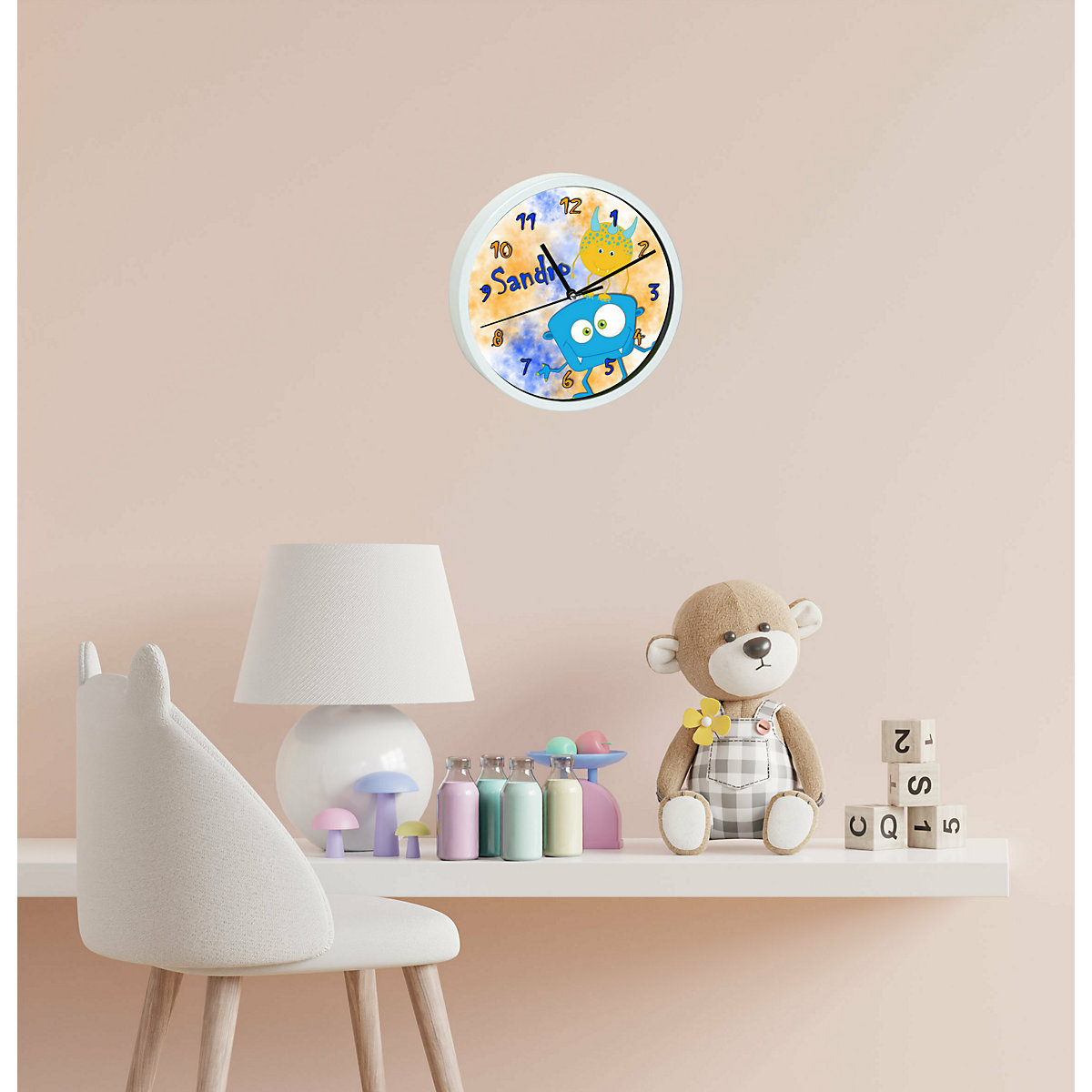 Kinder Wanduhr personalisiert mit Name Monster