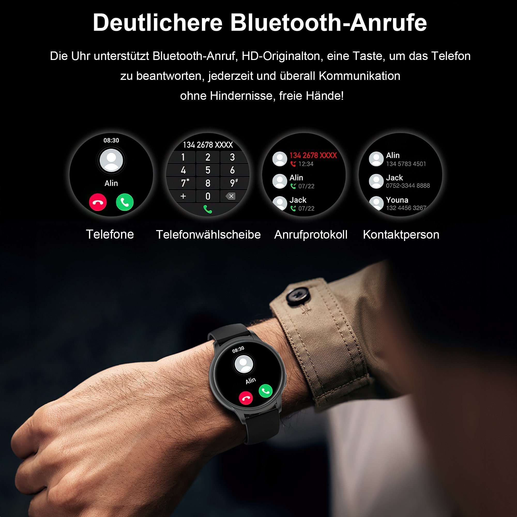 Mutoy Smartwatch Damen Herren Smartwatch, Fitness Tracker Uhr mit Anrufe Smartwatch (Enthält ein Stahlgürtel und ein Silikon Armband, Fitnessuhr mit Telefonfunktion, IP67 Wasserdicht,1.52